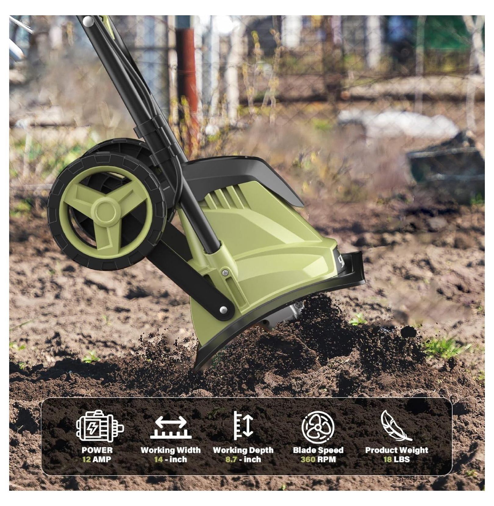 SCWLWAL 14 Inch Electric Tiller Cultivator (12 Amp, Corded, 4 Steel Tines, Folding Handle) 155uw