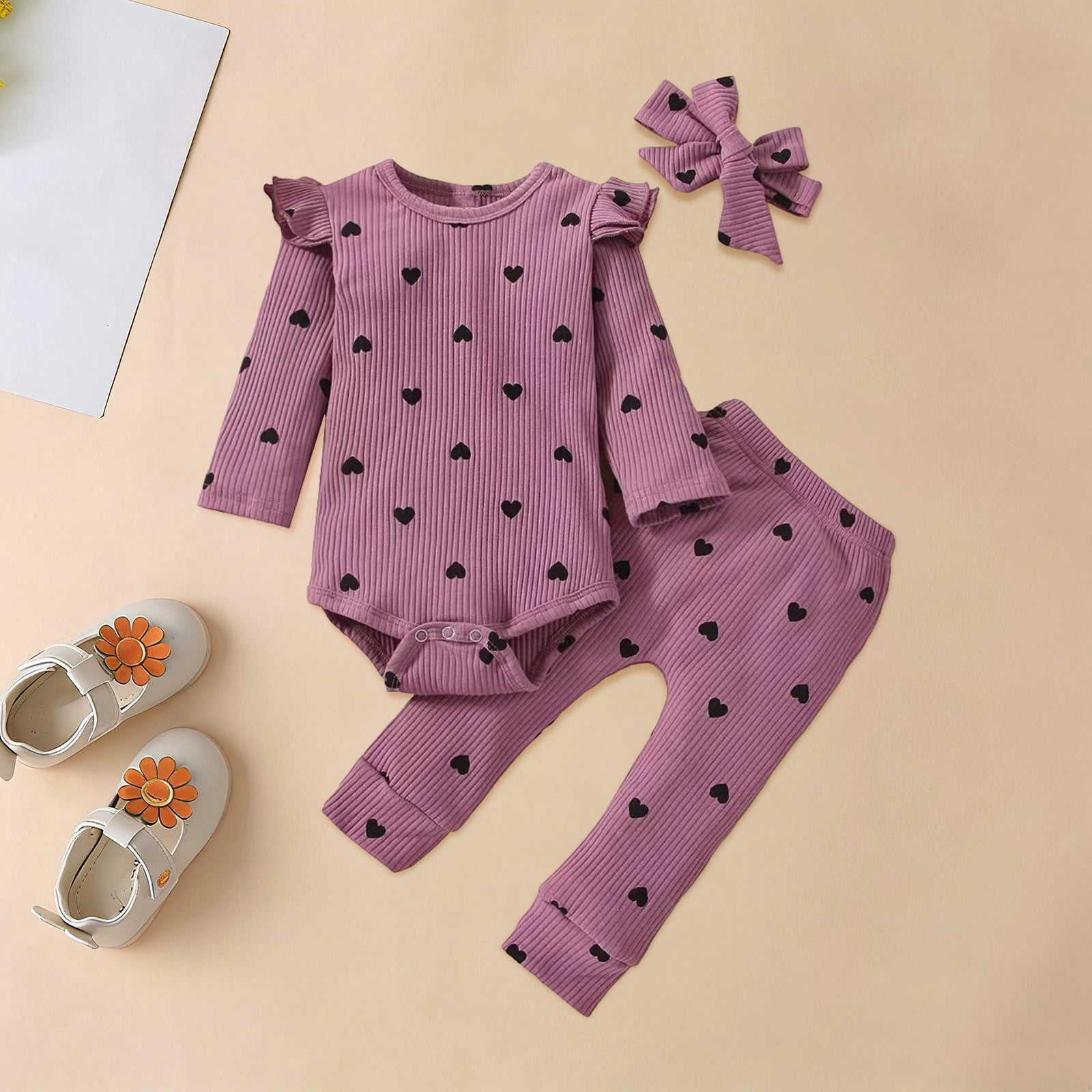Fesfesfes Baby Girls Ribbed Long Sleeve Romper Set Heart Print 3-Piece Outfit (0-18 Months) dttrf
