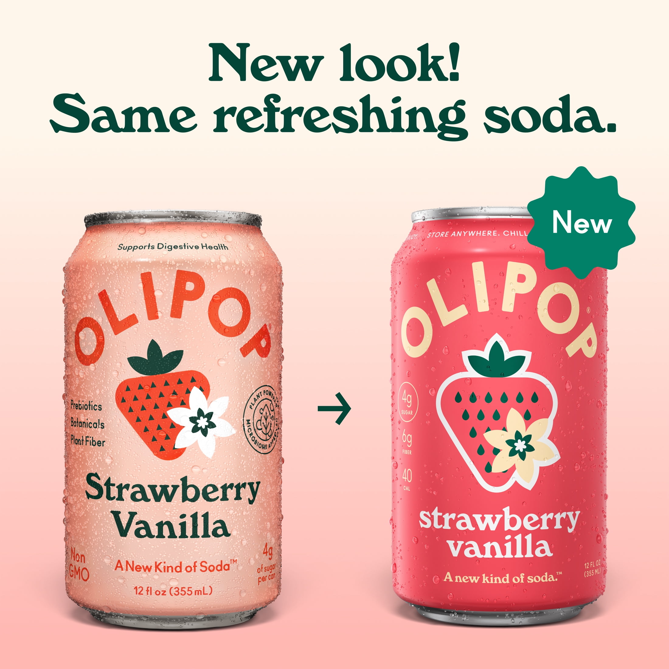 OLIPOP Prebiotic Soda, Strawberry Vanilla, Digestive Health Support Drink (4 Pack, 12 fl oz) ux7nr