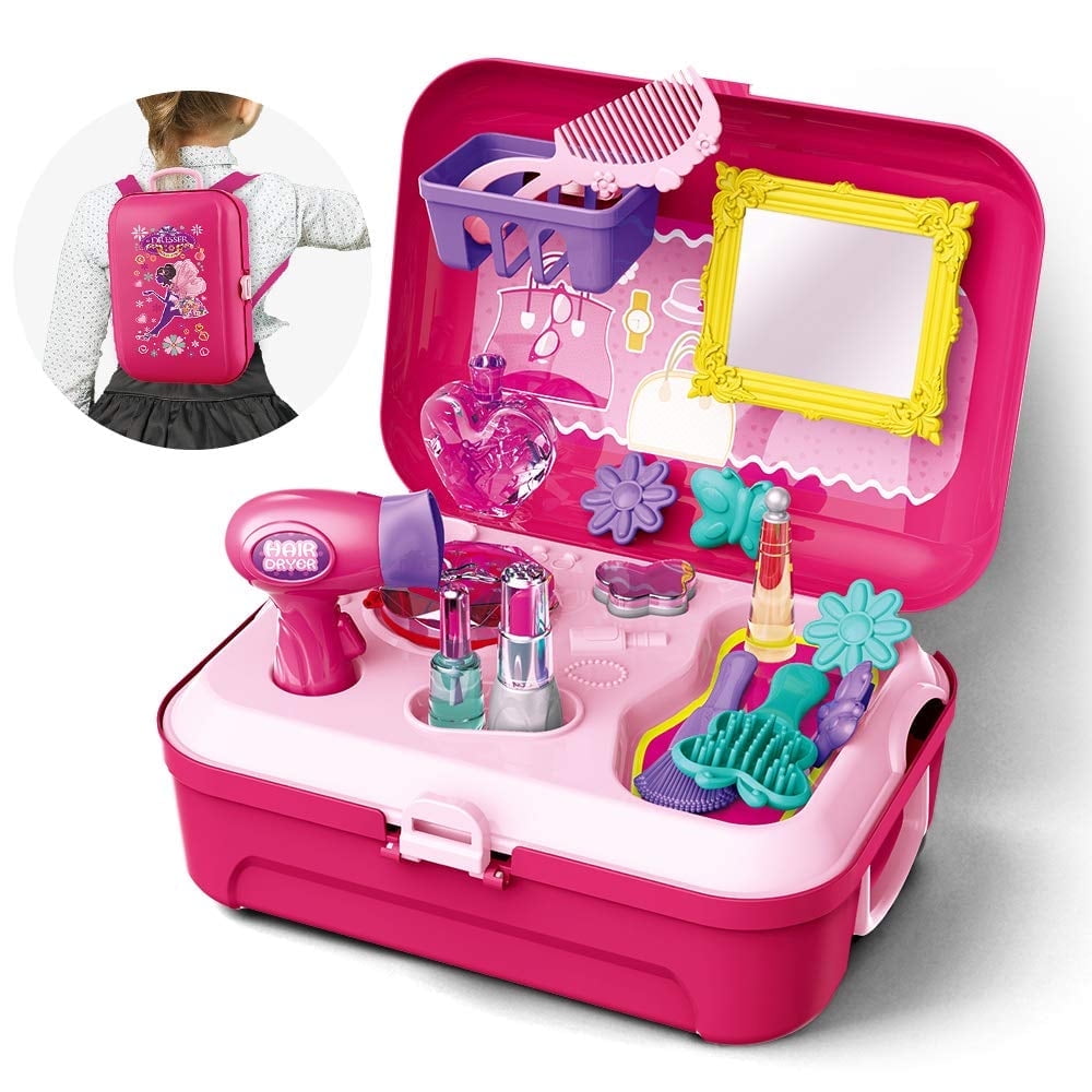 GLUAAE Pretend Play Makeup Set for Kids, Princess Beauty Salon Activity Kit with Portable Backpack (21 Pieces, 9.4 in x 7 in x 3.5 in) ag7a8