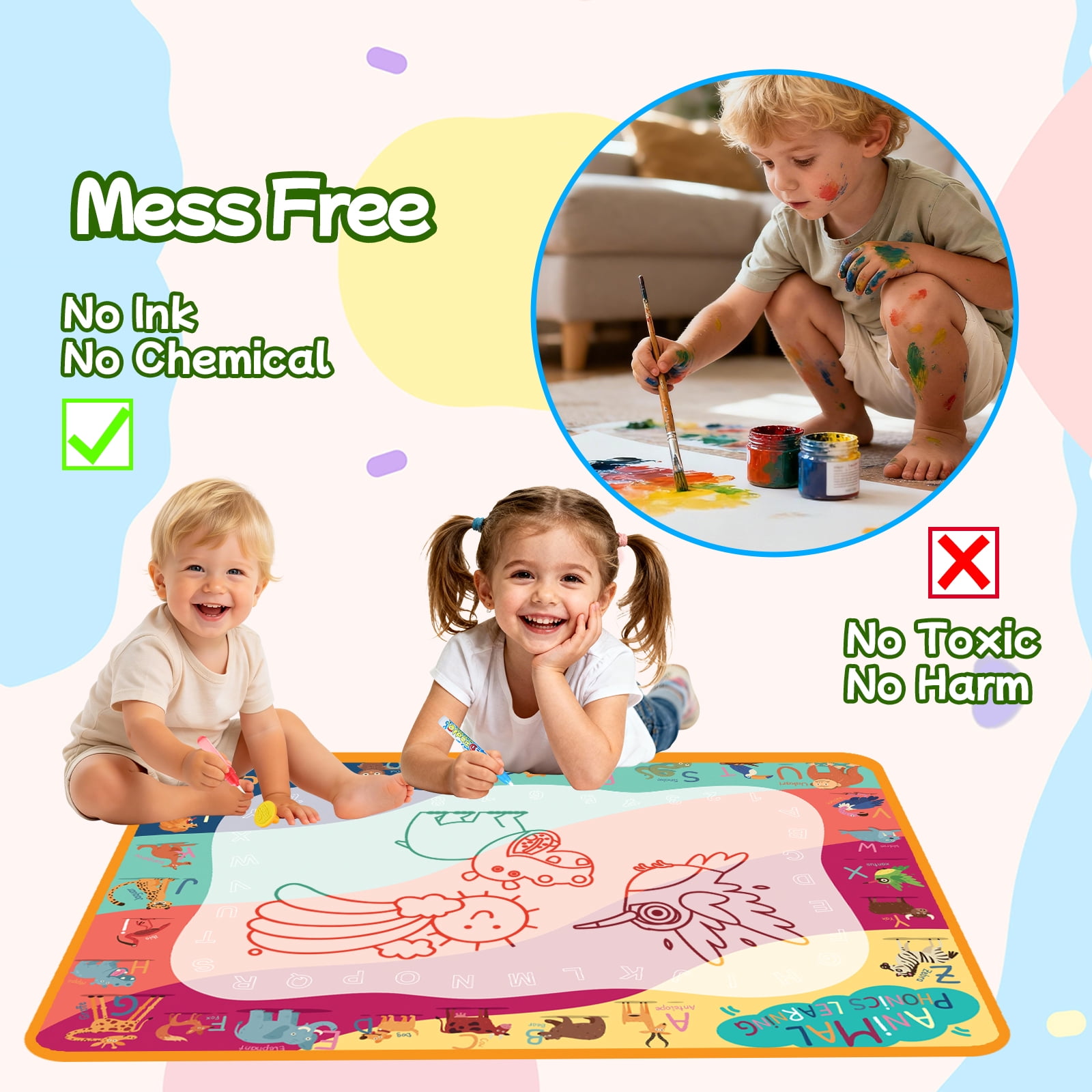 WLBES Water Doodle Mat, Reusable Mess-Free Aqua Drawing Pad for Toddlers (Multicolor, 30 in x 30 in) 2u7dm