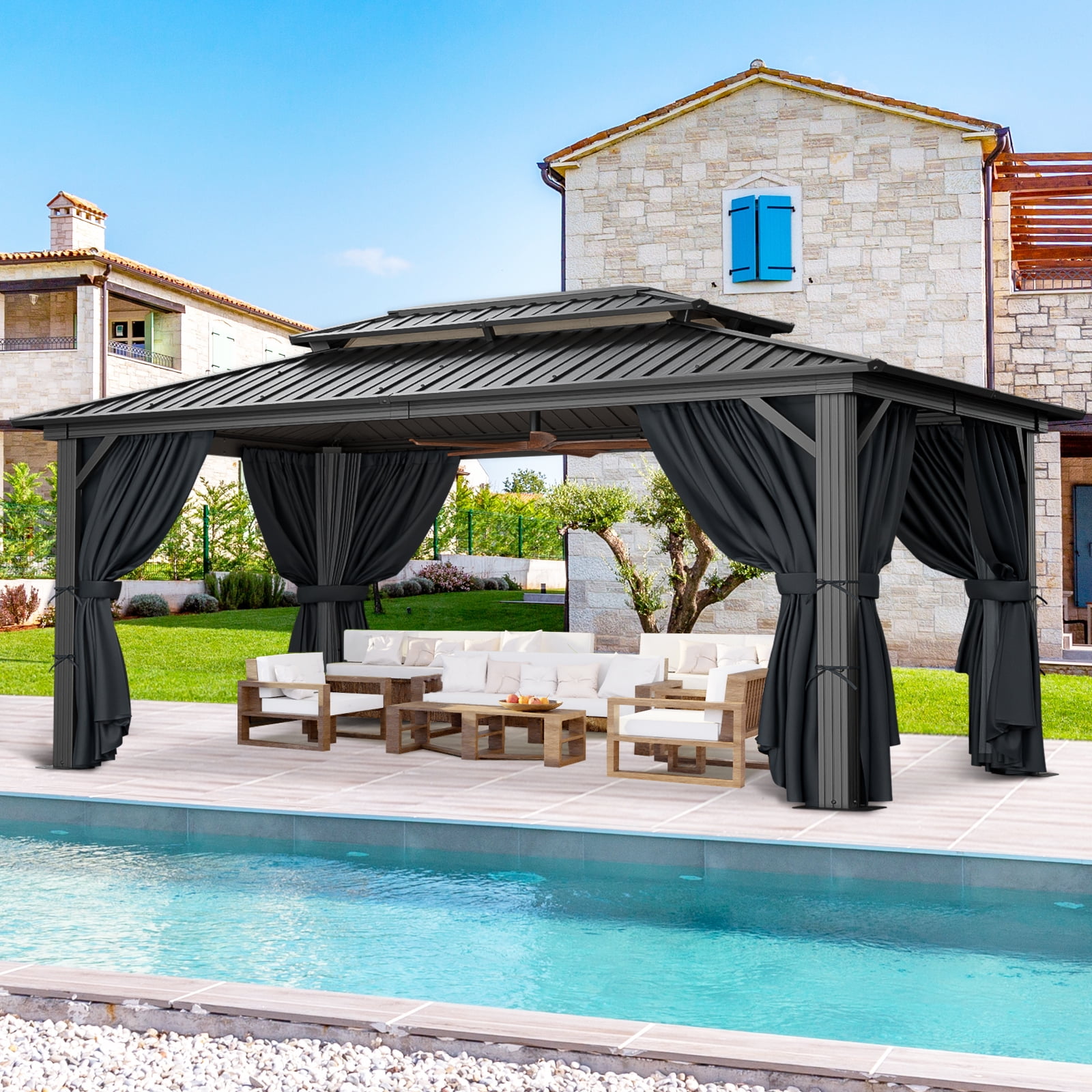 COBIZI Hardtop Gazebo with Netting and Curtains, Outdoor Aluminum Canopy for Backyard and Patio (Black, 10x15 ft) s97f0