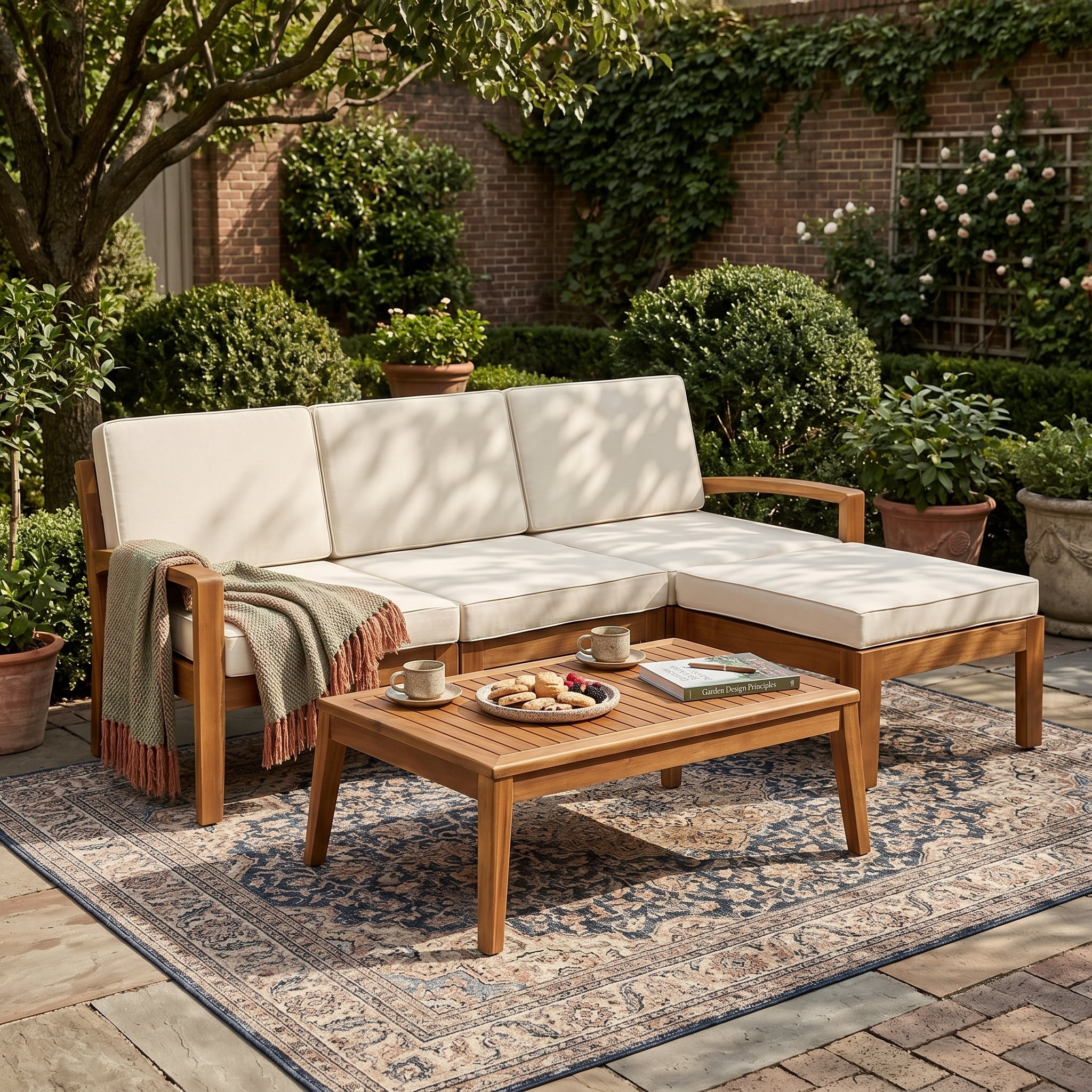 GARITIN 3-Piece L-Shaped Outdoor Sectional Sofa Set, Acacia Wood Patio Furniture with Water-Resistant Cushions (Brown and Beige) cmt8i