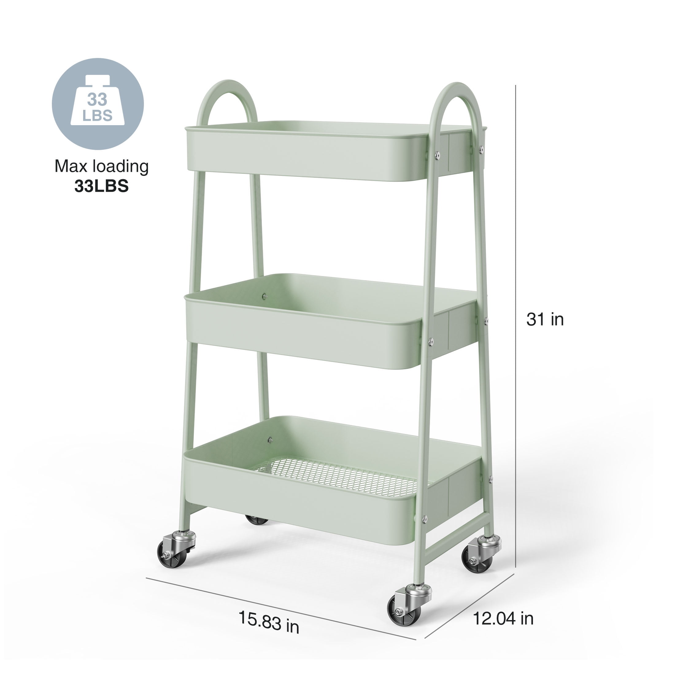 edx 3 Tier Rolling Utility Storage Cart, Heavy-Duty Metal Organizer with Lockable Wheels (Green, 15.83 in x 12.04 in x 31 in) ltwe8