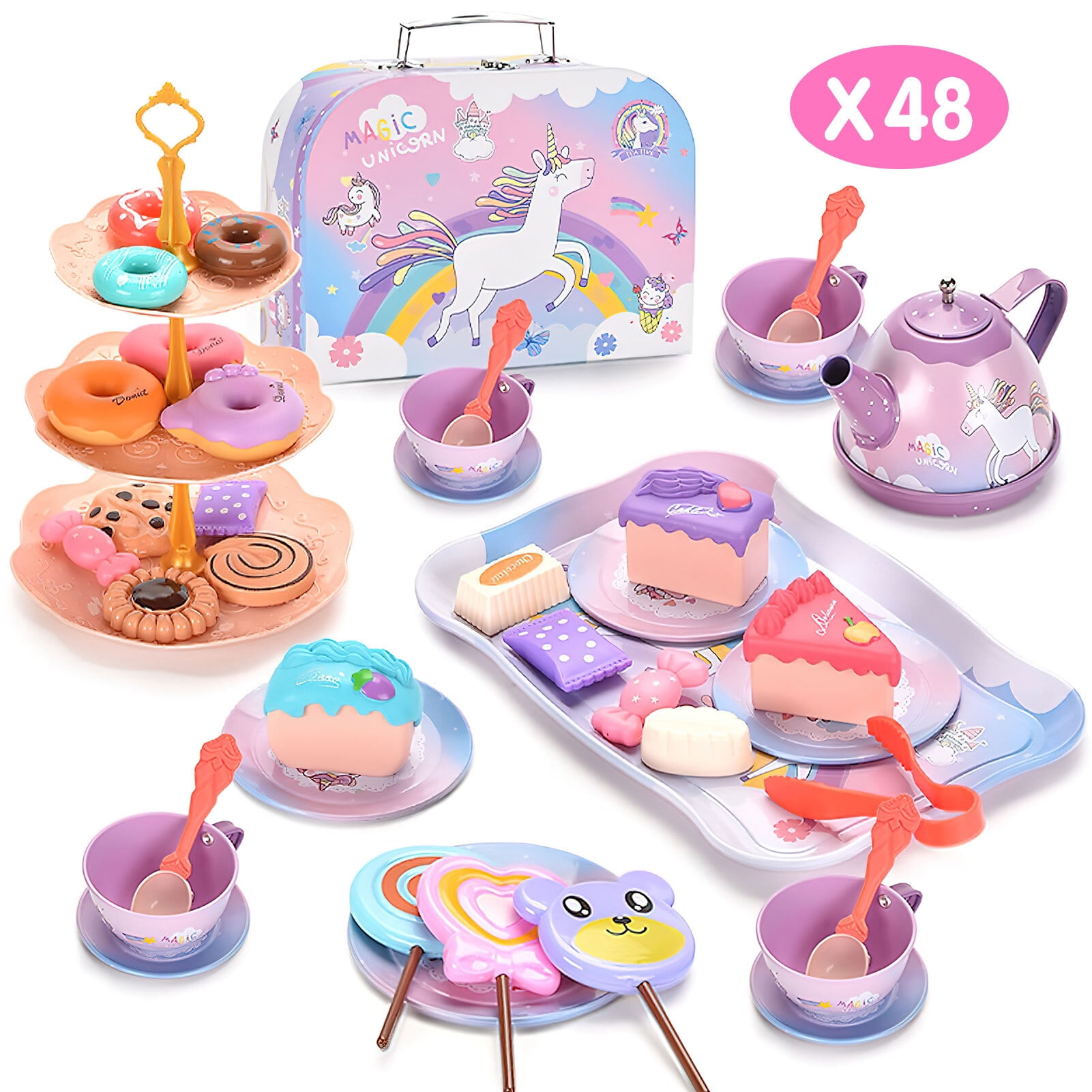 Freecat Unicorn Tea Party Set, Pretend Play Kitchen Activity Toy for Kids (Yellow, 48-Piece Set) mwhwh