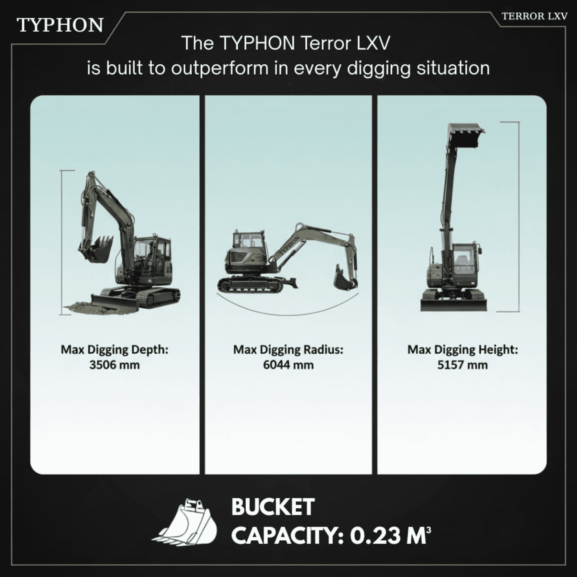 TYPHON TERROR LXV 6.6-Ton Excavator with Kubota V2607 Diesel Engine (56.9 HP, Enclosed Cab) gx0hq