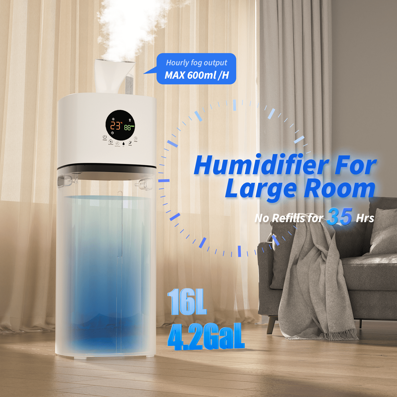 Rocyis Ultrasonic Tower Humidifier for Large Rooms, Whole House Air Moisturizer with Smart Humidity Control (White, 4.2 gal) 0m303