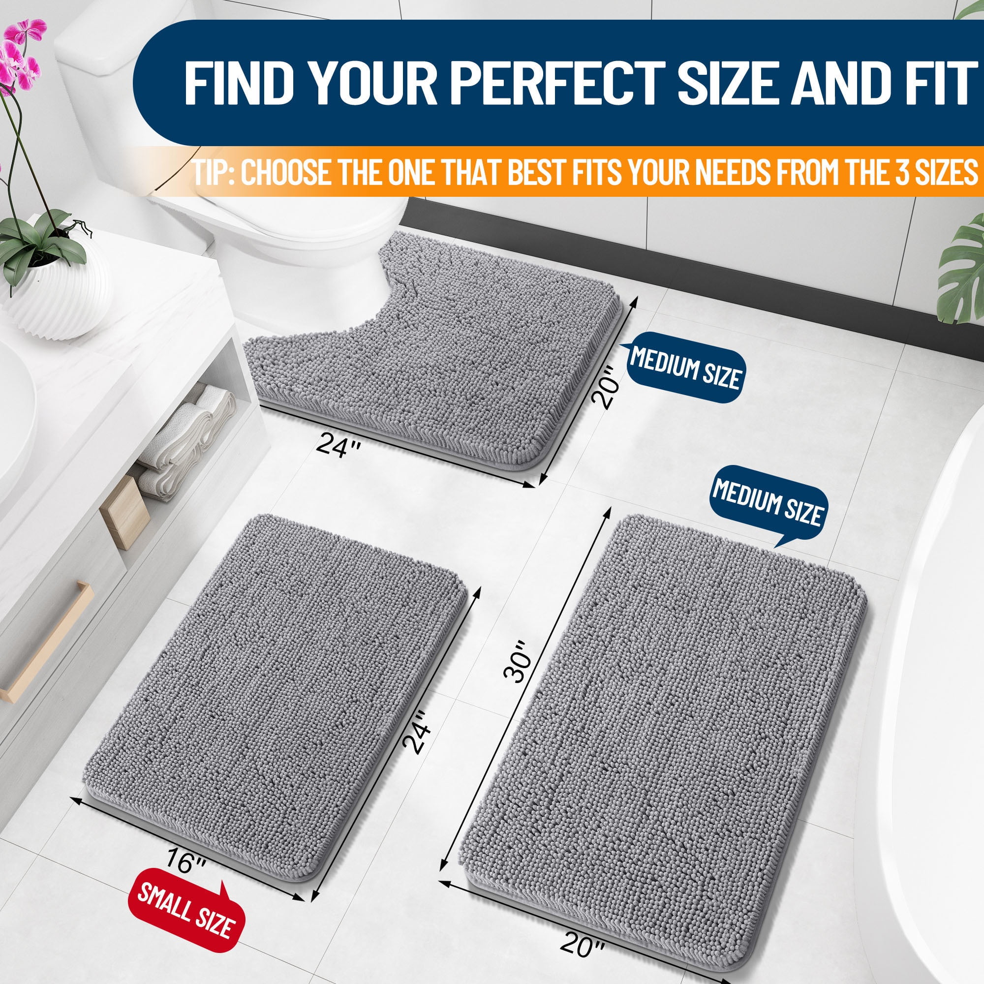 Buganda Bathroom Rug, Non-Slip Chenille Bath Mat, Quick-Dry Plush Floor Carpet (Grey, 30 in x 20 in) jzsre