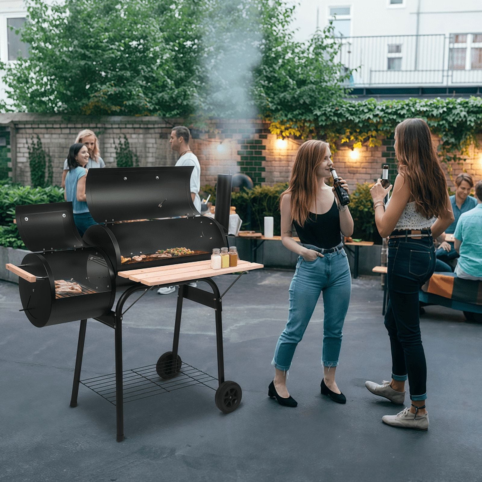 Gundir Charcoal Grill with Offset Smoker, Outdoor BBQ Grill with Thermometer and Adjustable Damper (Black, 44 in) zzc60