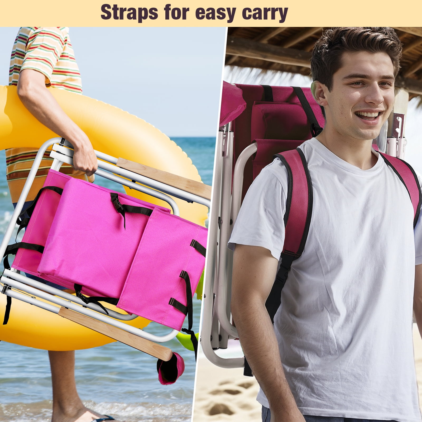 SUREGO Folding Beach Chair with Adjustable Headrest and 4-Position Recline (Pink, 1 Pack) z3lid