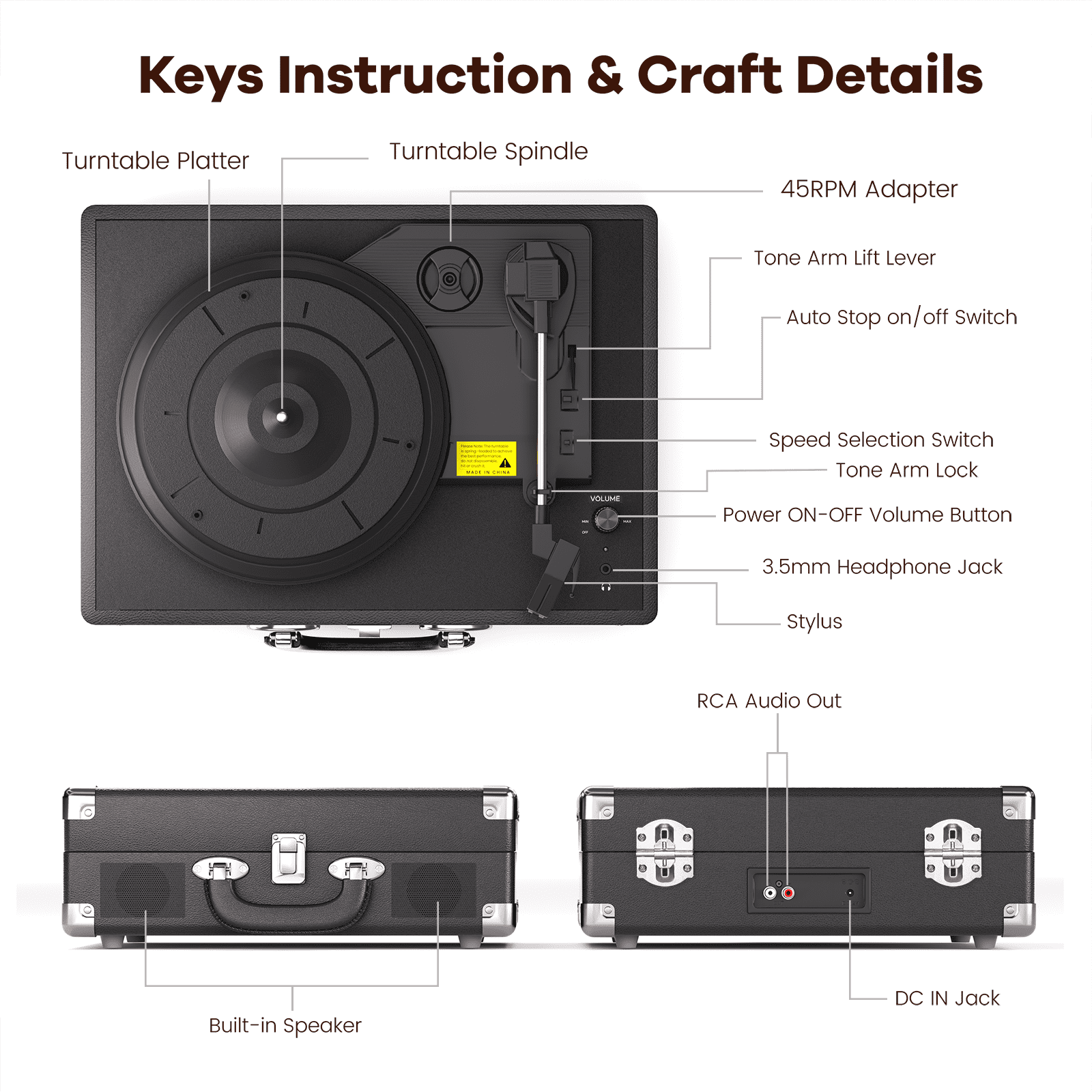 MAIO C200 Vintage Vinyl Record Player, 3-Speed Belt-Driven Turntable with Built-in Stereo Speakers (Black) gxvwc