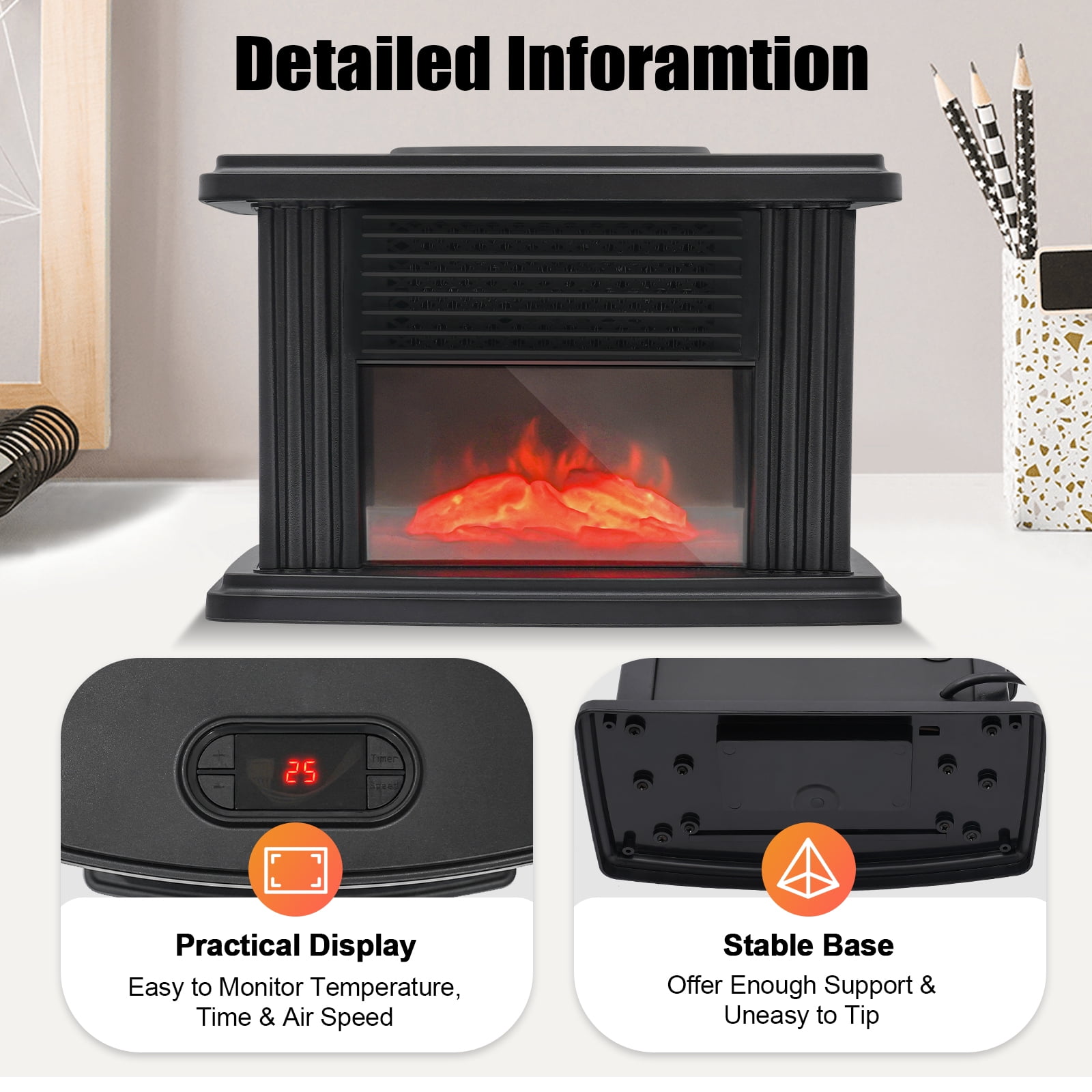 TOOL1SHOoo Electric Fireplace Space Heater, 3D Flame Log Burner, Portable Fast Heating (Black, 1000W) b20fj