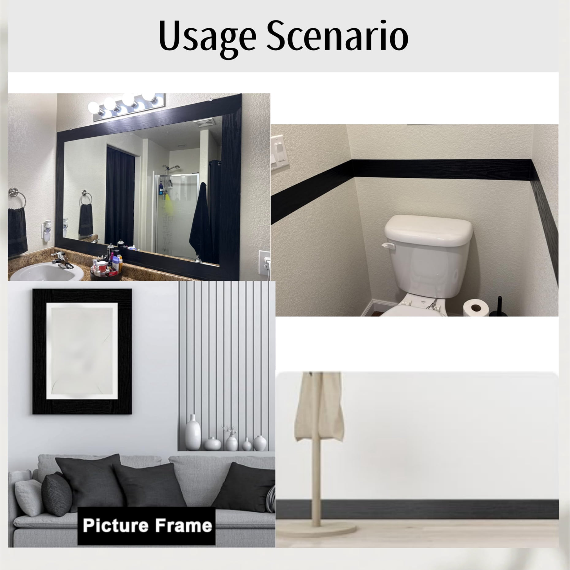 Manss Peel and Stick Wood Grain Border, Waterproof Self-Adhesive Mirror Frame Trim (Black, 3.93 in x 32 ft) 96g95