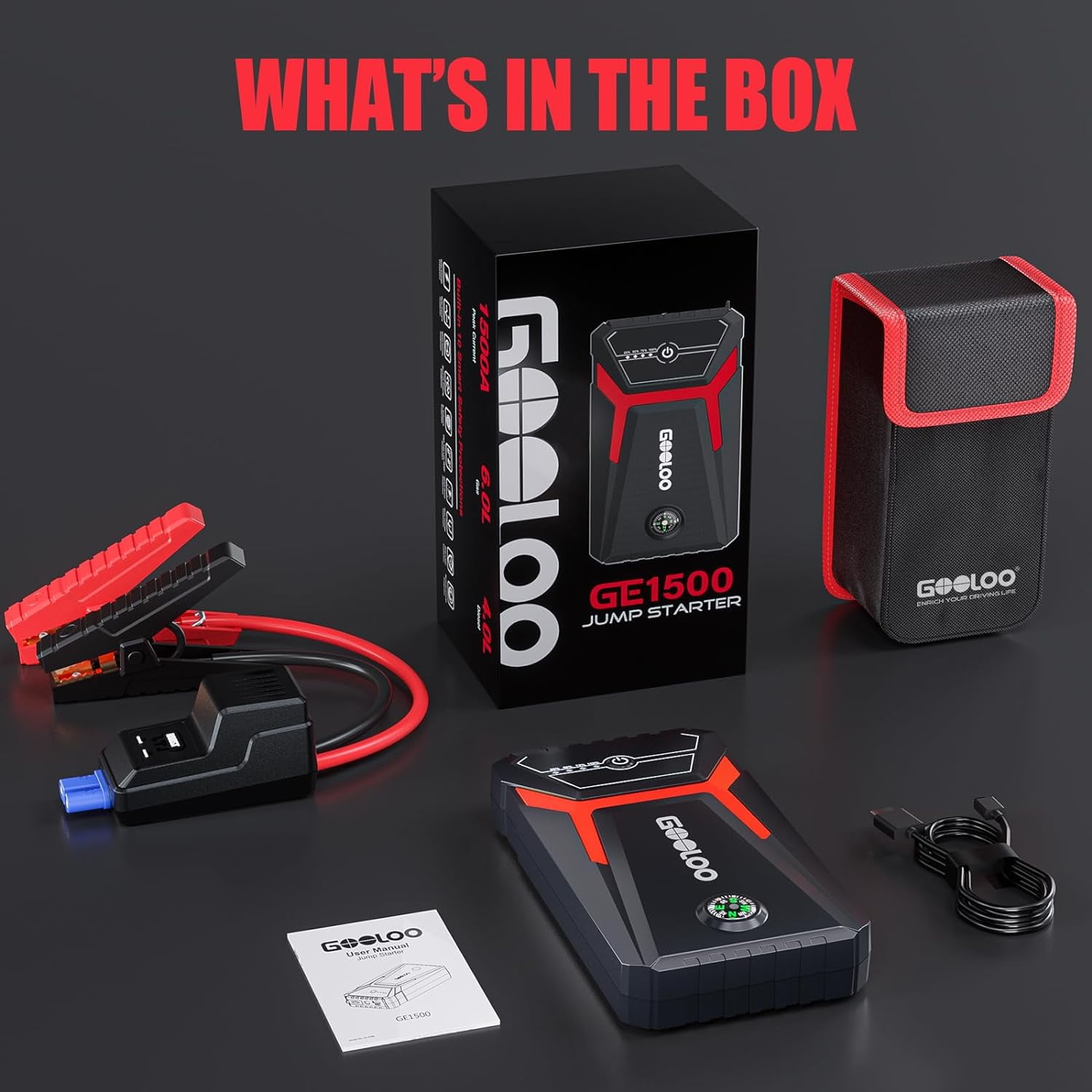 Gooloo 1500A Peak 12V Portable Car Jump Starter and Battery Booster Pack (Black, 1500A) wdod4
