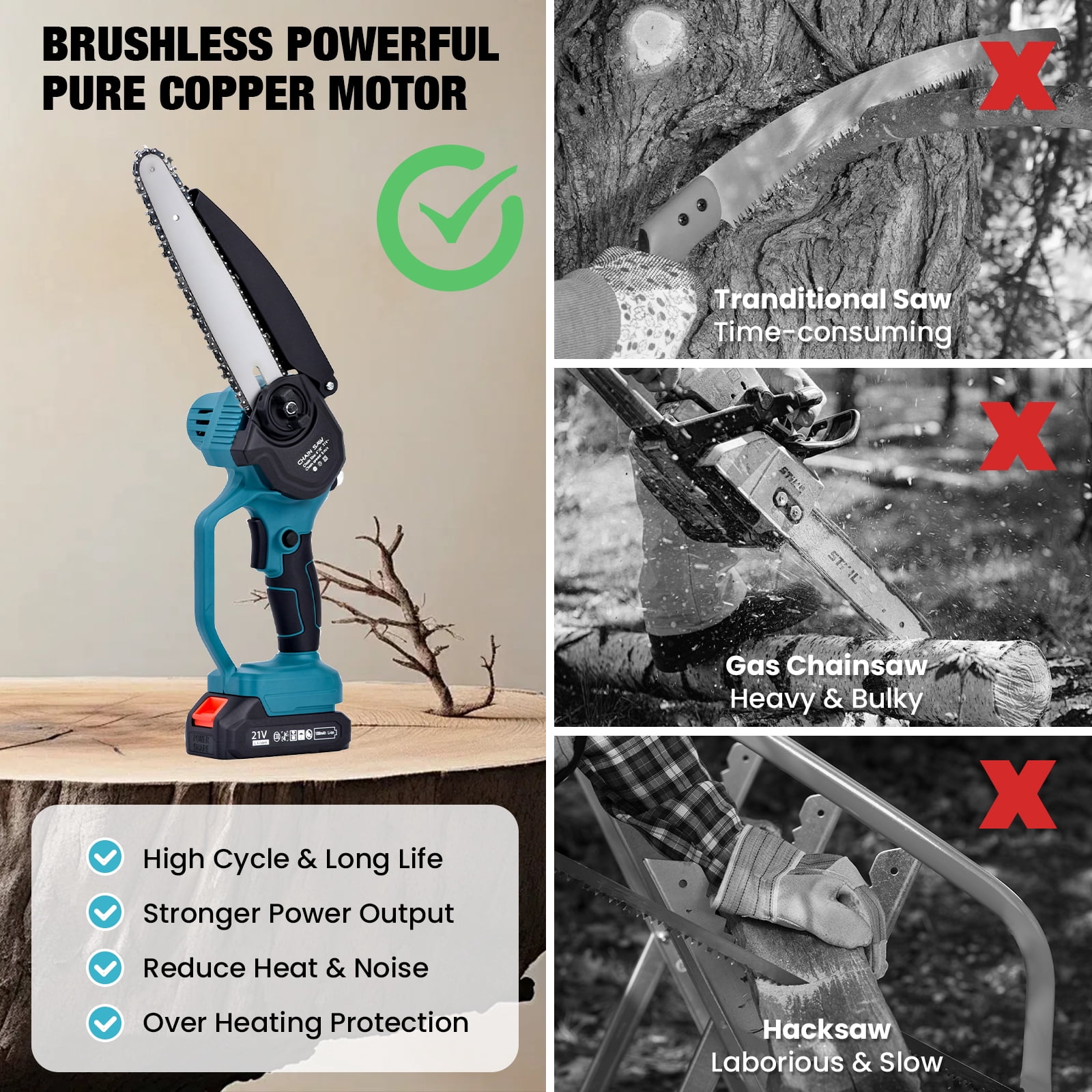 ADVWIN 2-in-1 Cordless Electric Pole Saw and Mini Chainsaw, Telescopic Tree Trimmer with 2 Batteries (Blue, 6 in and 8 in) emgzf