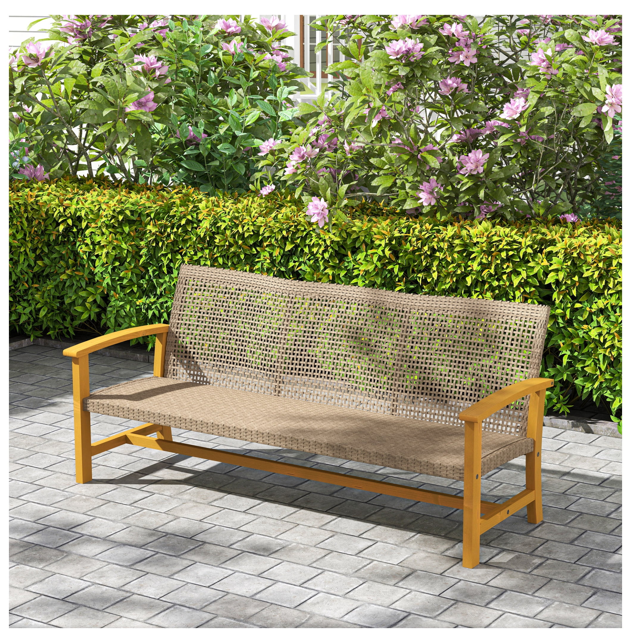 TeuheJ 3-Seat Wicker Outdoor Sofa, All-Weather Patio Couch with Acacia Wood Accents (Brown, 1000 lb Capacity) ee5pg