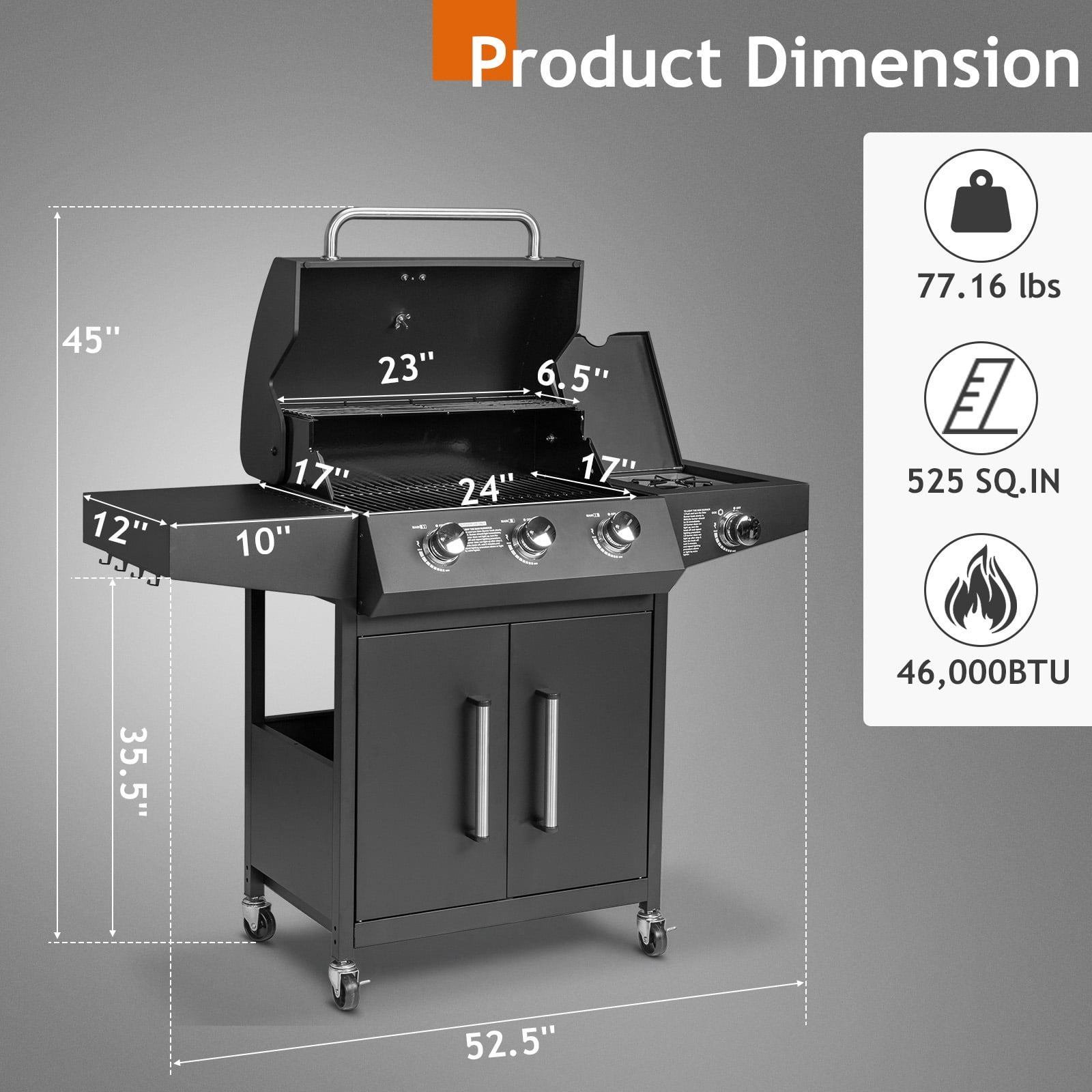 UBesGoo 3-Burner Propane Gas Grill with Side Burner (Black, 46000 BTU) qi2i0