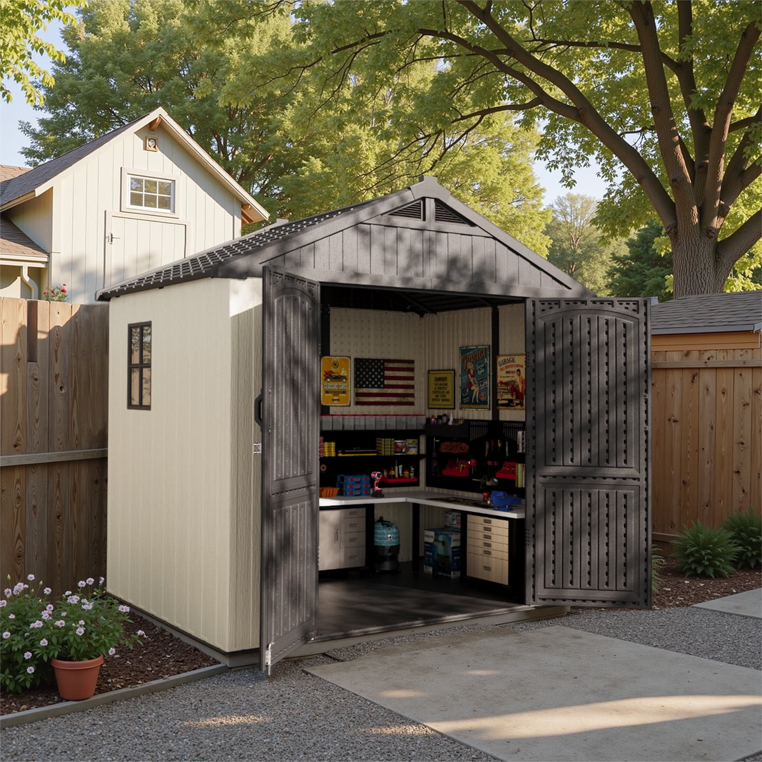 Patiowell 8x6 ft Outdoor Storage Shed with Floor, All-Weather Resin Garden Shed with Window and Lockable Doors (Gray/White) m36t0