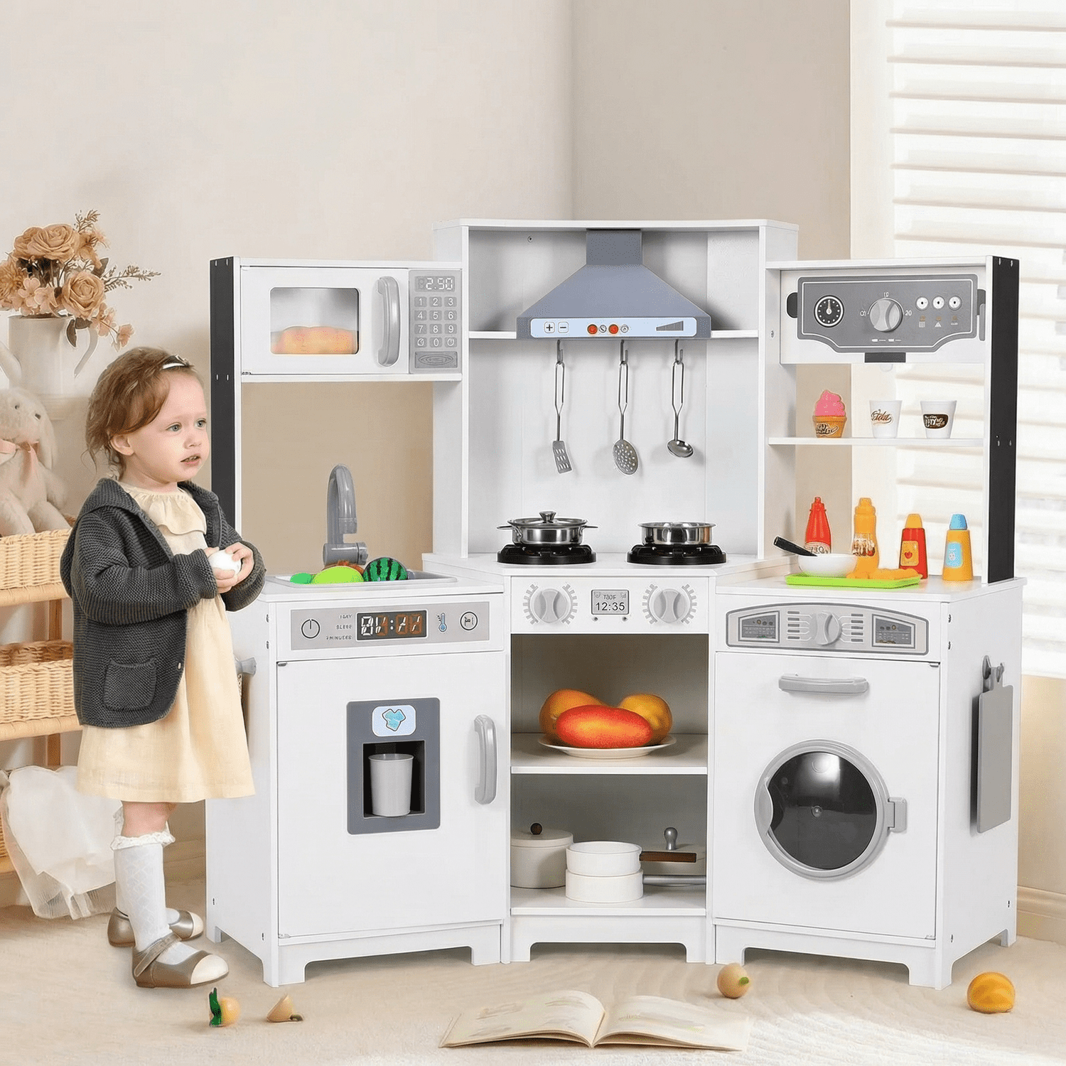 Pirecart Kids Corner Play Kitchen Wooden Cooking Pretend Playset with Lights and Sounds (White) imhzp