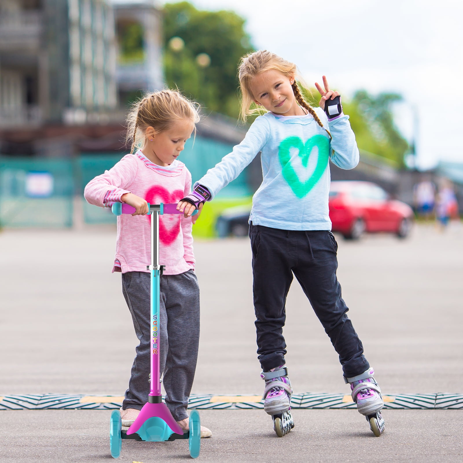 KORIMEFA 3-Wheel Kids Kick Scooter with Light-Up Wheels and Adjustable Handlebar (Pink, 110 lb Capacity) avdw0