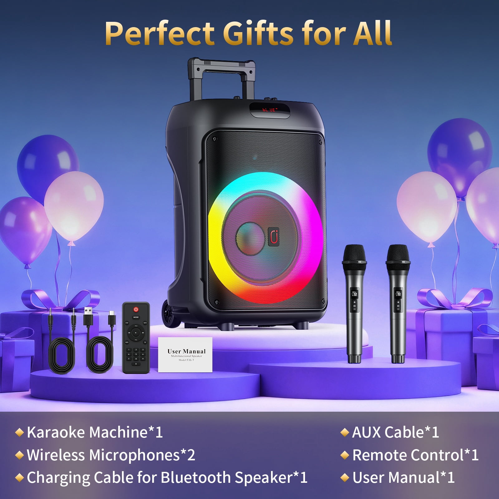 JYX Portable Party Speaker, 120W Wireless Bluetooth Speaker with Dual Subwoofers, Karaoke System with 2 Microphones and Wheels (Black) 9r5hu