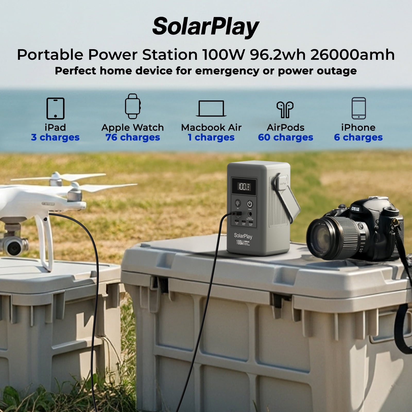 SOLARPLAY Q100 Portable Power Station, 96Wh LiFePO4 Solar Generator with 100W Fast Charging (Grey, 96Wh) 1j7g0