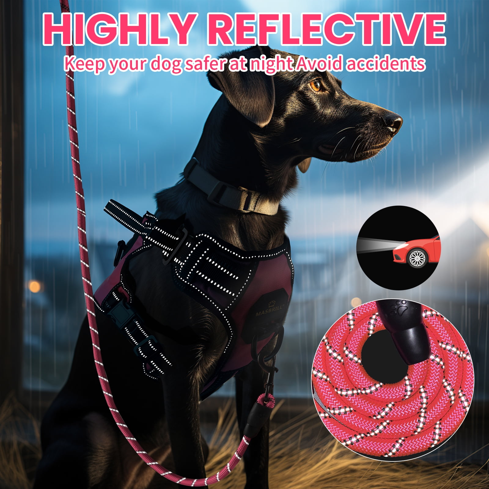 MASBRILL No Pull Dog Harness and Leash Set, Reflective Adjustable Padded Vest with Handle (Pink, Large) me4ue