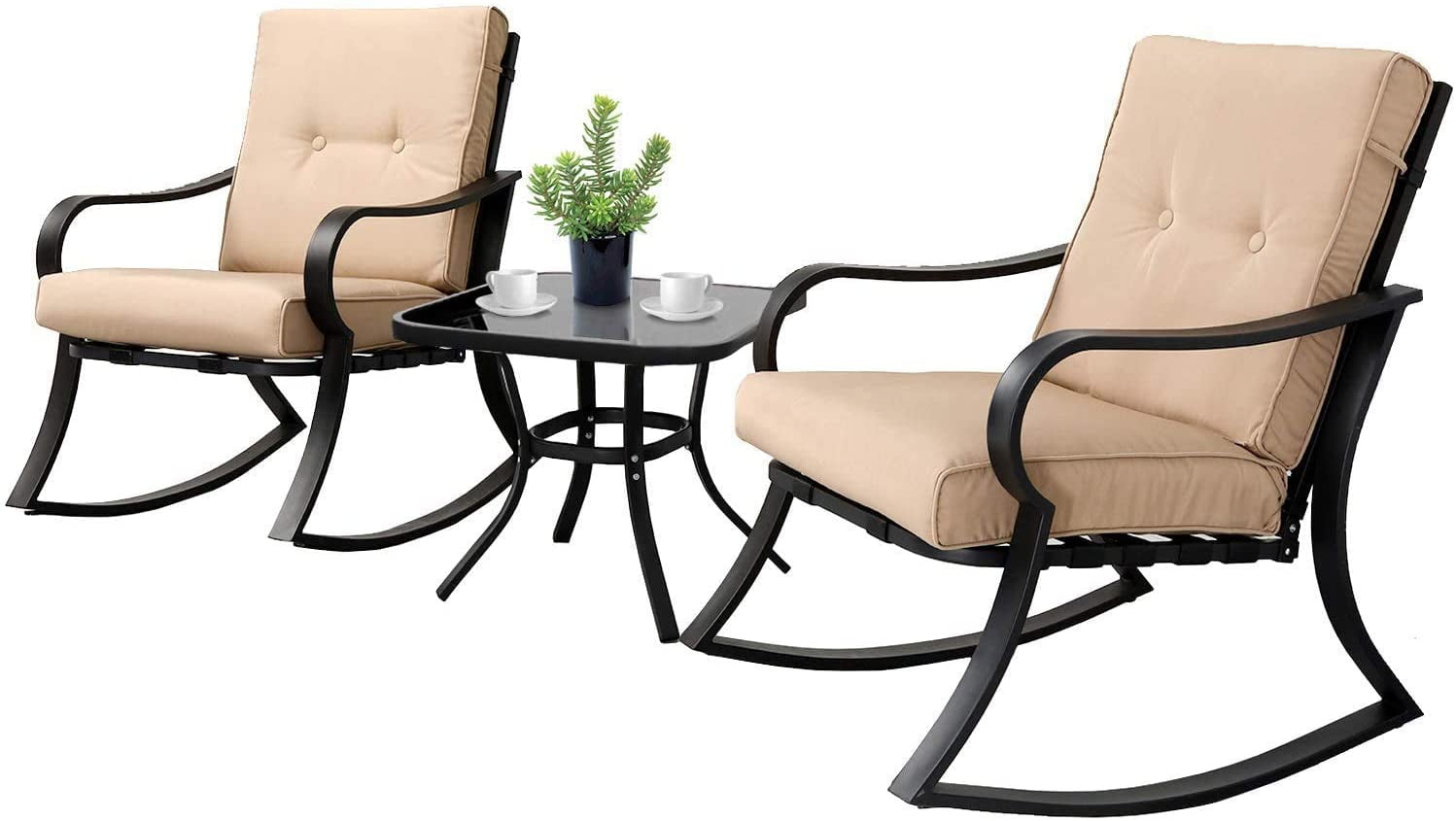 SOLAURA 3-Piece Outdoor Rocking Chair Bistro Set, Patio Furniture with Thickened Cushions and Glass-Top Coffee Table (Black, 3-Piece Set) 3g34t