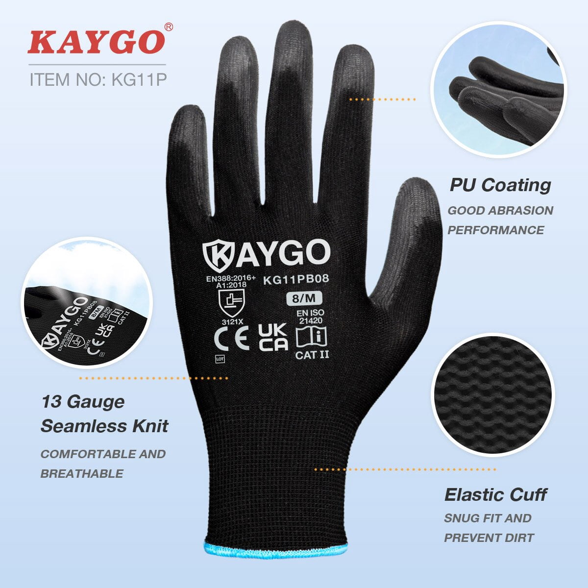 KAYGO Safety Work Gloves, PU Coated Seamless Knit Grip Gloves for Men and Women (Black, 2XL, 12 Pairs) zsegz