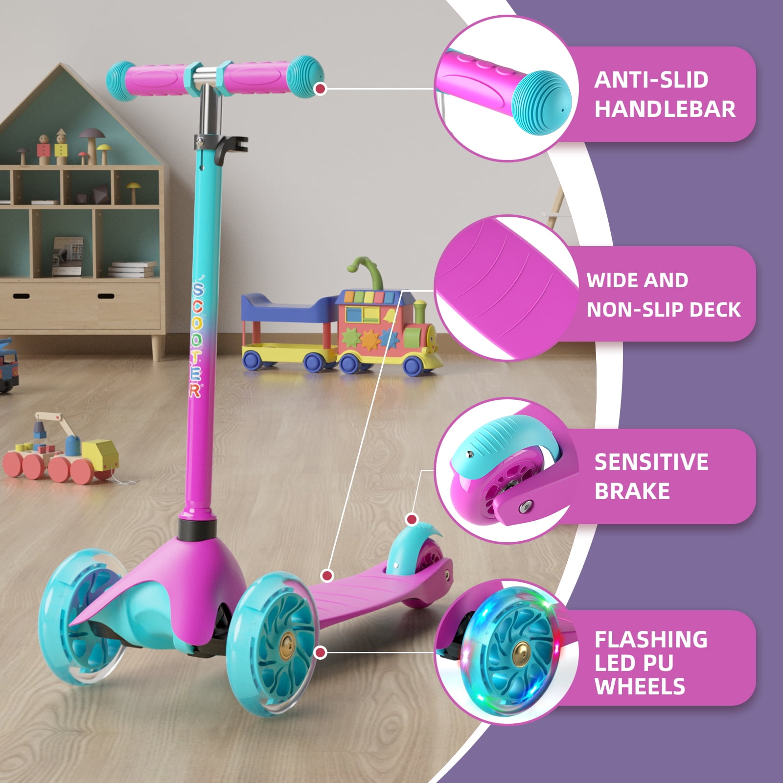 KORIMEFA 3-Wheel Kids Kick Scooter with Light-Up Wheels and Adjustable Handlebar (Pink, 110 lb Capacity) avdw0
