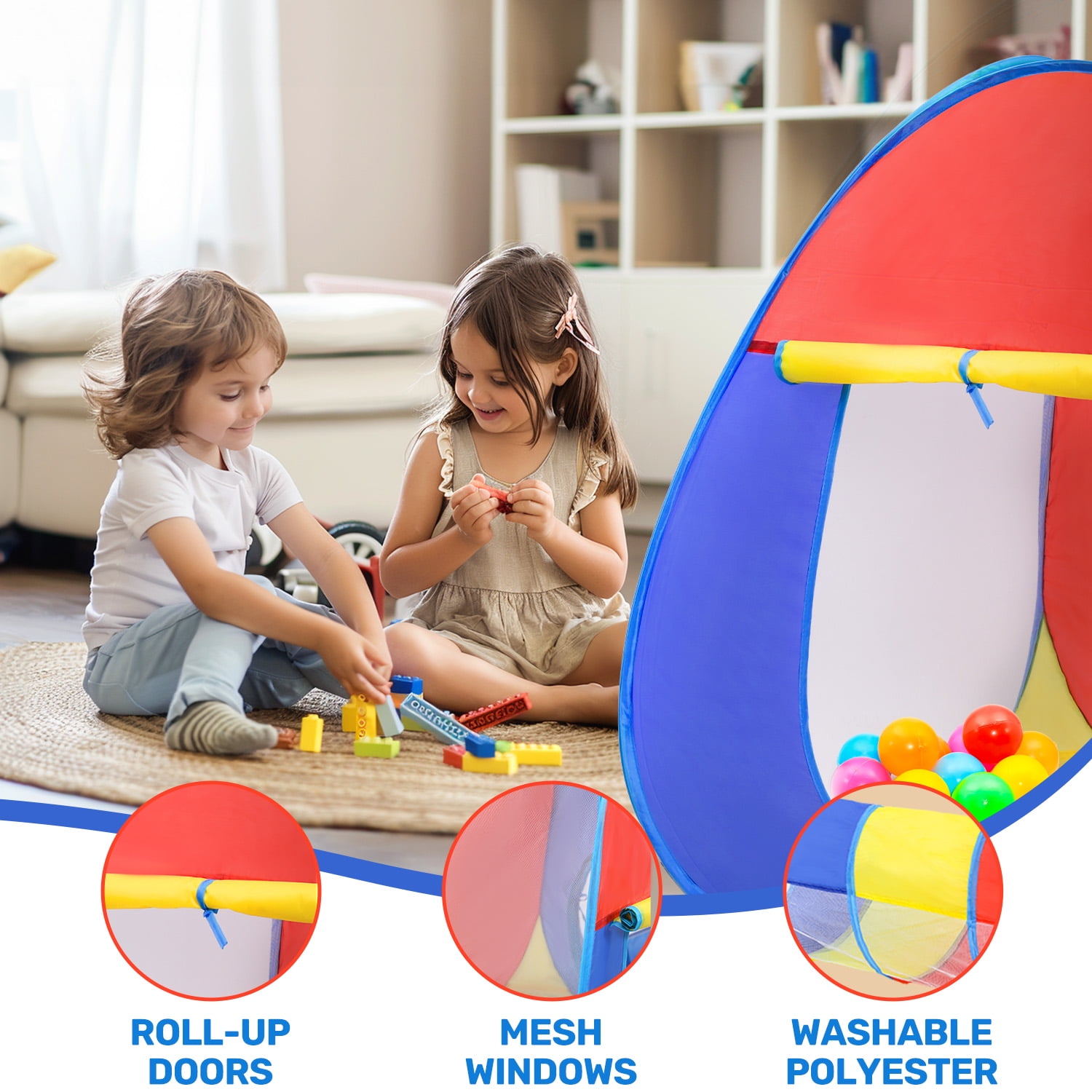 JoyStone Kids Pop Up Play Tent and Tunnel Set, Collapsible Indoor and Outdoor Jungle Gym (Multicolor, 3-Piece Set) 43nip