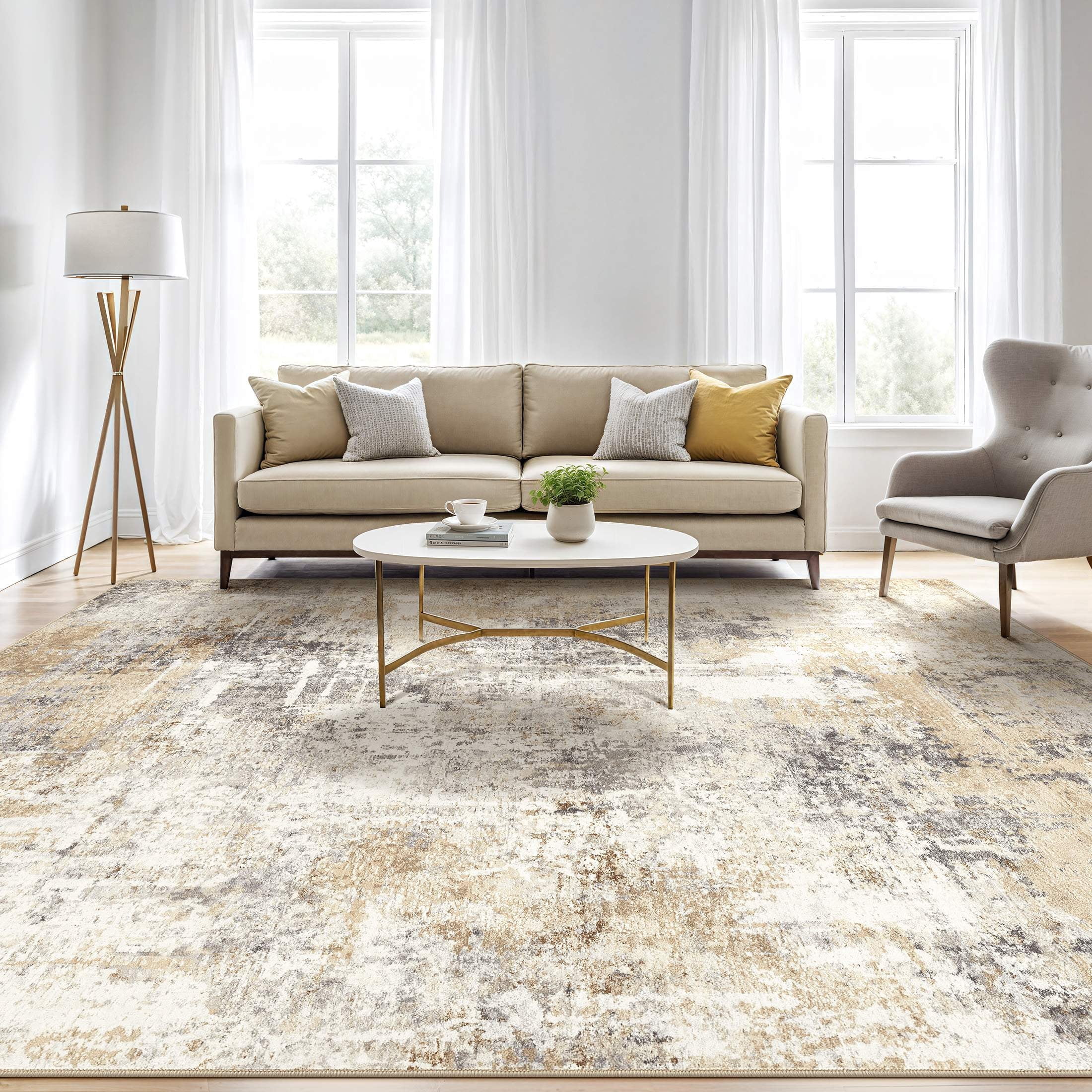 UERMEI Modern Abstract Area Rug, Washable Non-Slip Indoor Carpet for Living Room and Bedroom (Grey Gold, 8 ft x 10 ft) a46ns