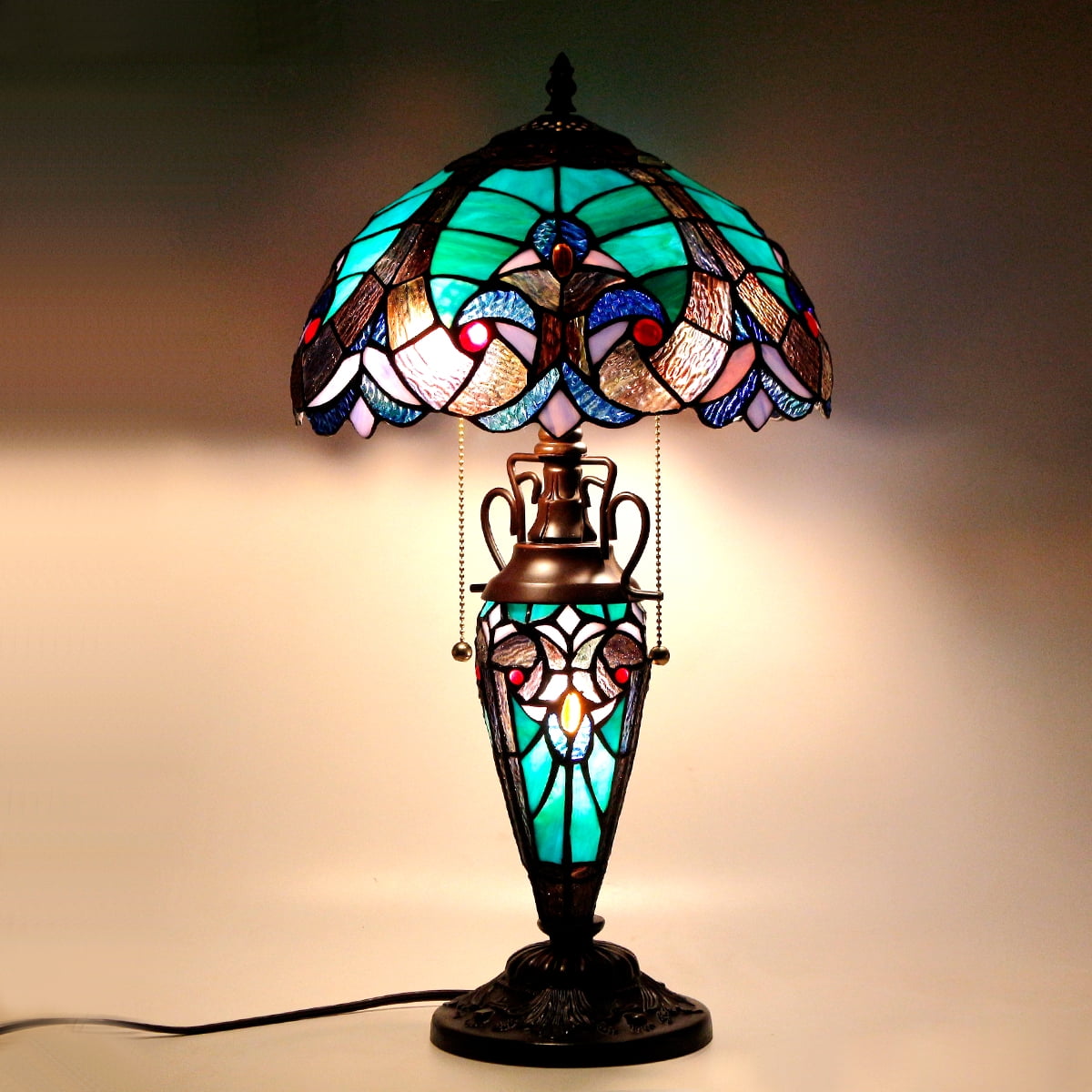 Werfactory Tiffany Style Stained Glass Table Lamp with Nightlight (Green, 22 in) j3pg1