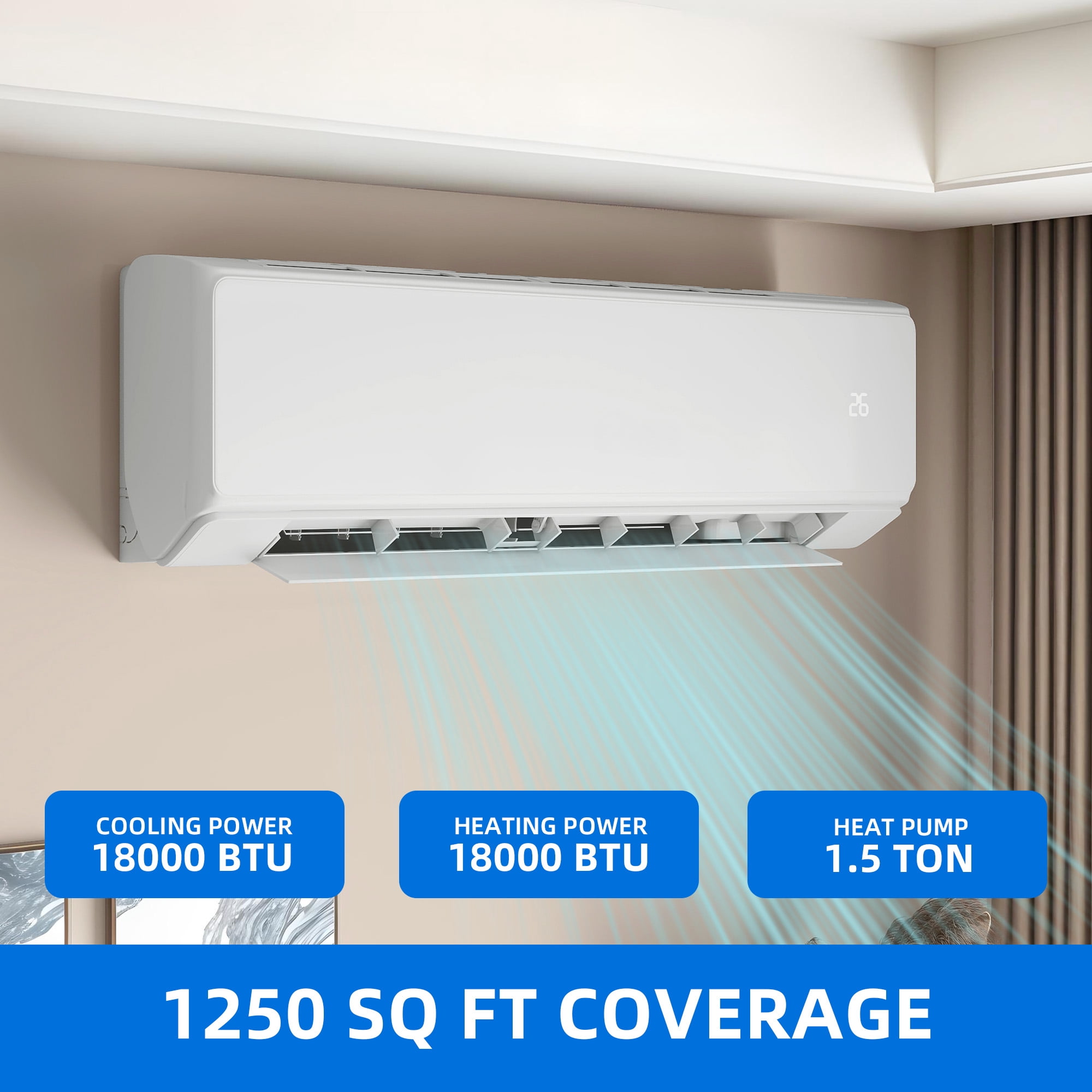 Dextrus 18000 BTU Mini Split Air Conditioner Heat Pump System, 21 SEER2 Ductless AC for 1250 Sq. Ft, WiFi Enabled with Alexa Compatibility (White) t77l1