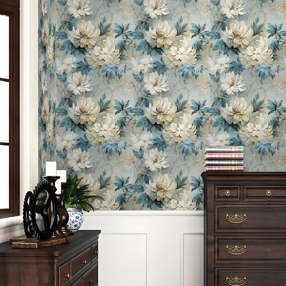 Usachibb Floral Peel and Stick Wallpaper Vintage Navy Botanical Contact Paper for Furniture and Walls (White, 17.7 in x 118.1 in) 80m28