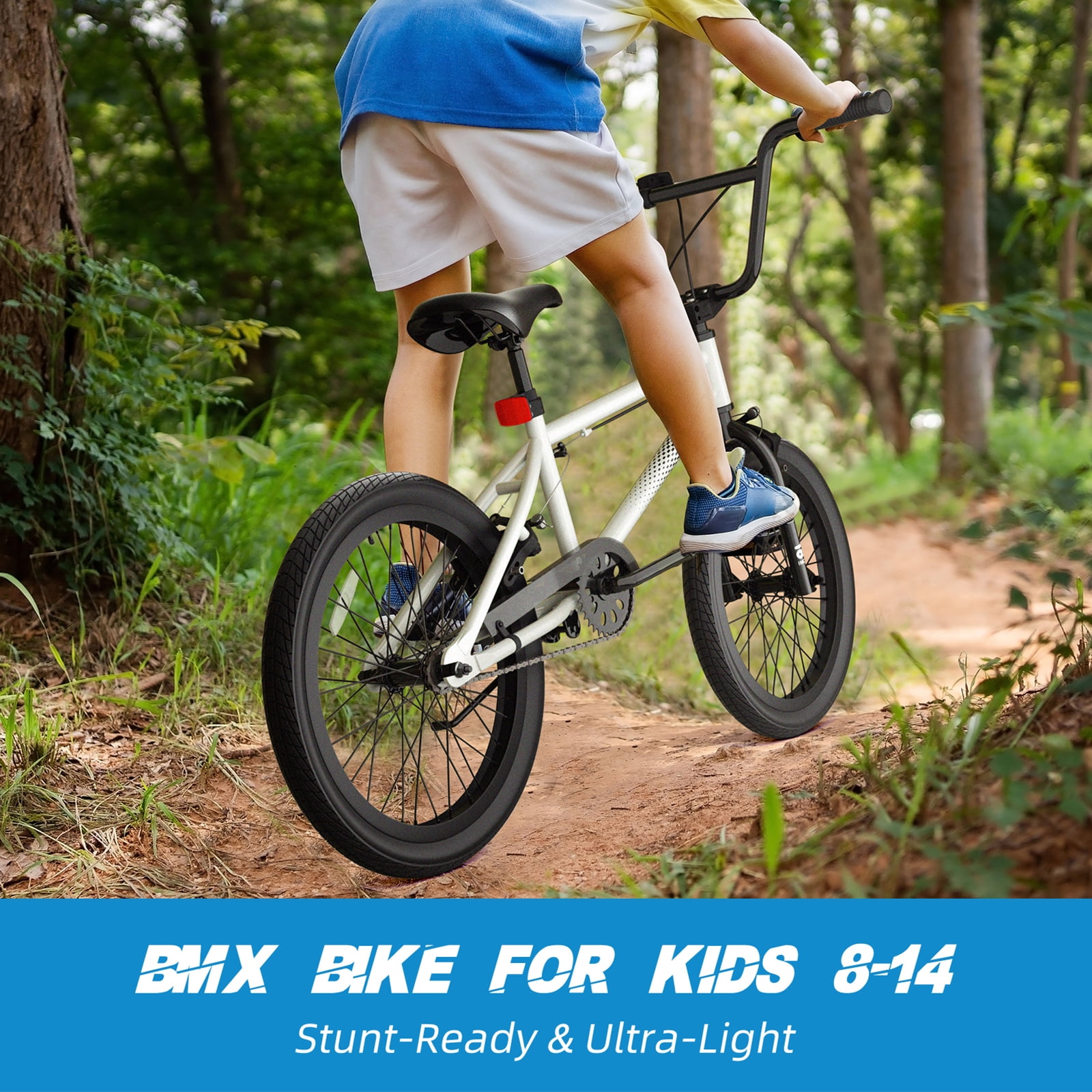 Korimefa Freestyle BMX Bike for Kids, Durable Steel Frame with Hand Brakes and Shock-Absorbing Tires (White, 18 in) idu2v