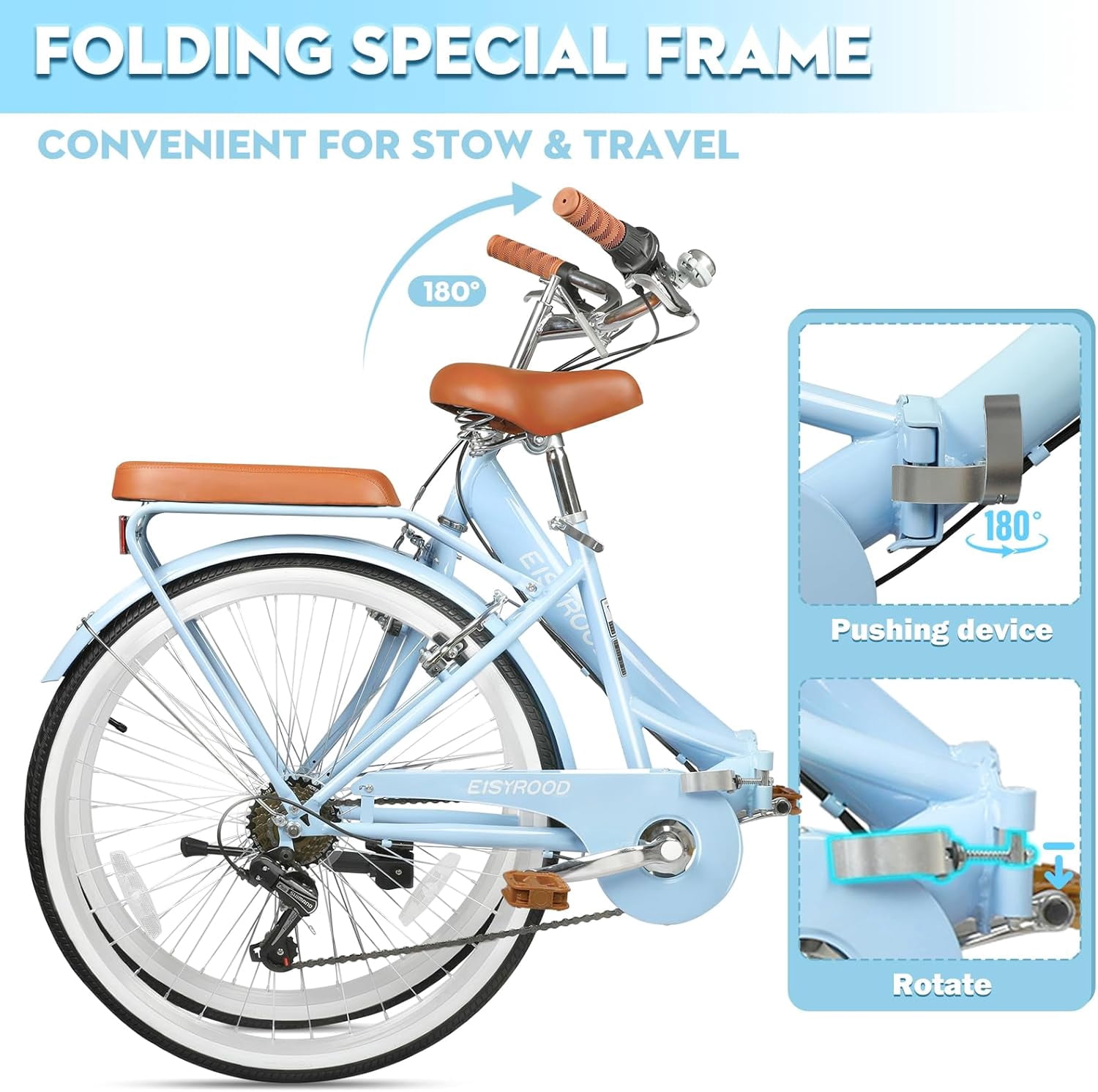 Gaonala 26 inch 7-Speed Folding Beach Cruiser Bike for Women, Step-Through Frame with Basket (Blue, 26 in) sif85