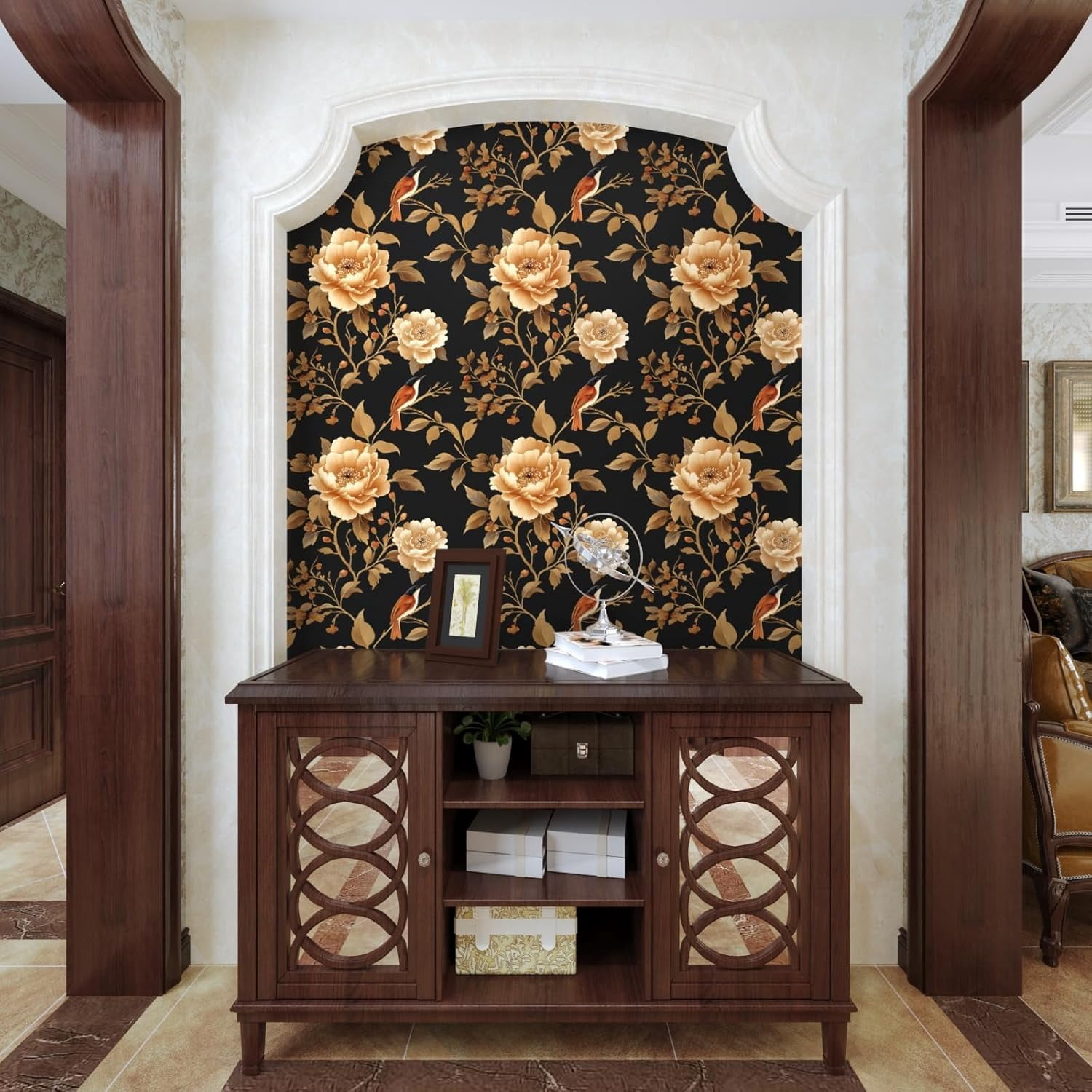 Usachibb Vintage Floral Bird Wallpaper Peel and Stick Boho Wall Mural (Black/Gold, 17.5 in x 118 in) av4xl