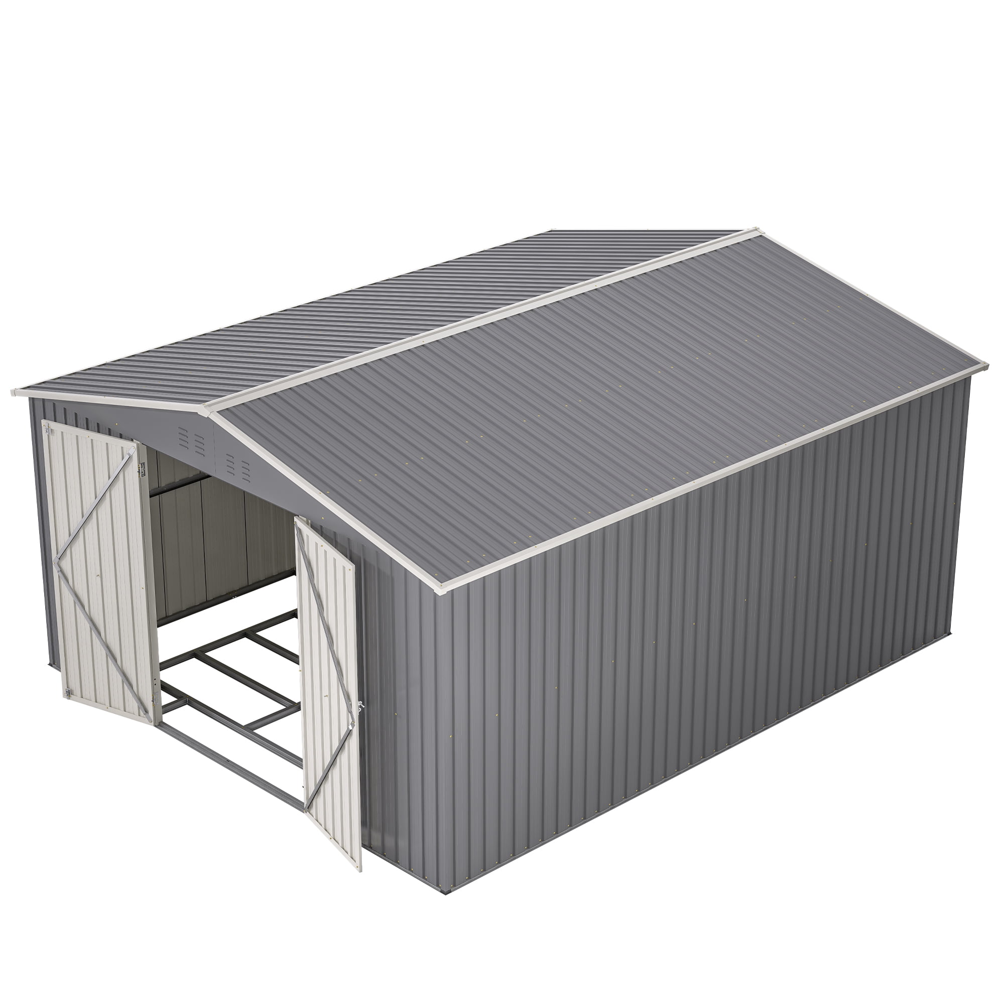 LZBEITEM Outdoor Storage Metal Shed, Galvanized Steel Garden Tool House with Floor Frame Kit and Lockable Doors (Gray, 11 x 13 ft) rda6a