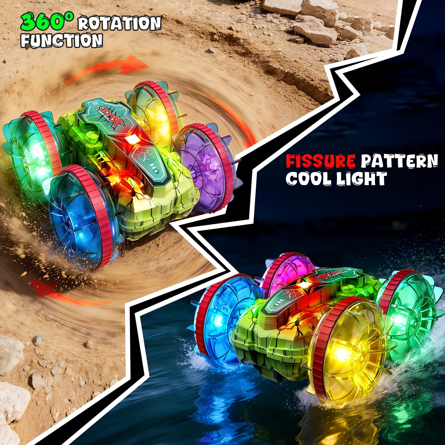 JoyStone Amphibious RC Stunt Car, 4WD Waterproof All-Terrain Remote Control Truck with LED Wheels (Green, 1 Pack) u928h