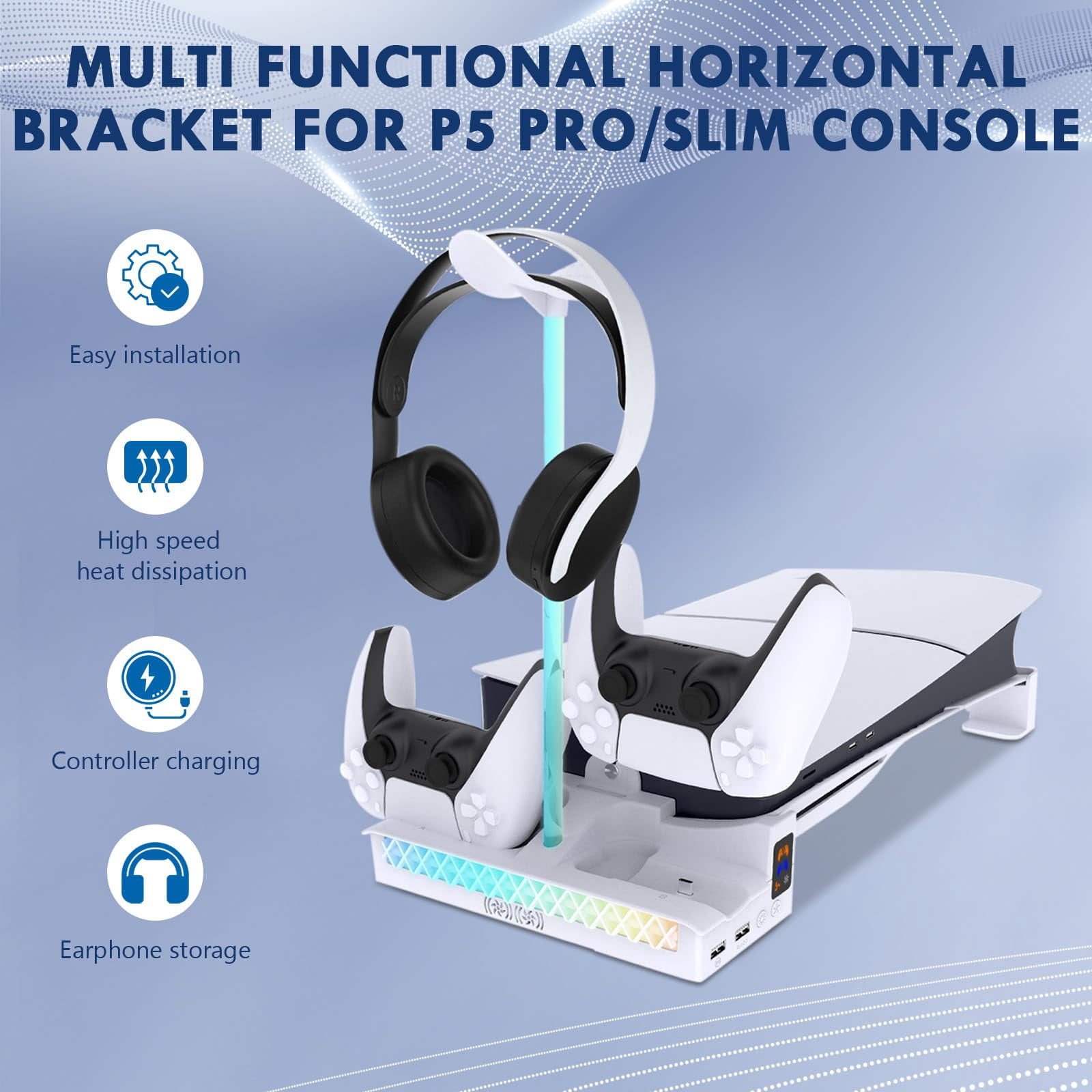 JZW-Shop PS5 Cooling Stand with Dual Controller Charger and Headset Holder (White, 1 Unit) wpcwy