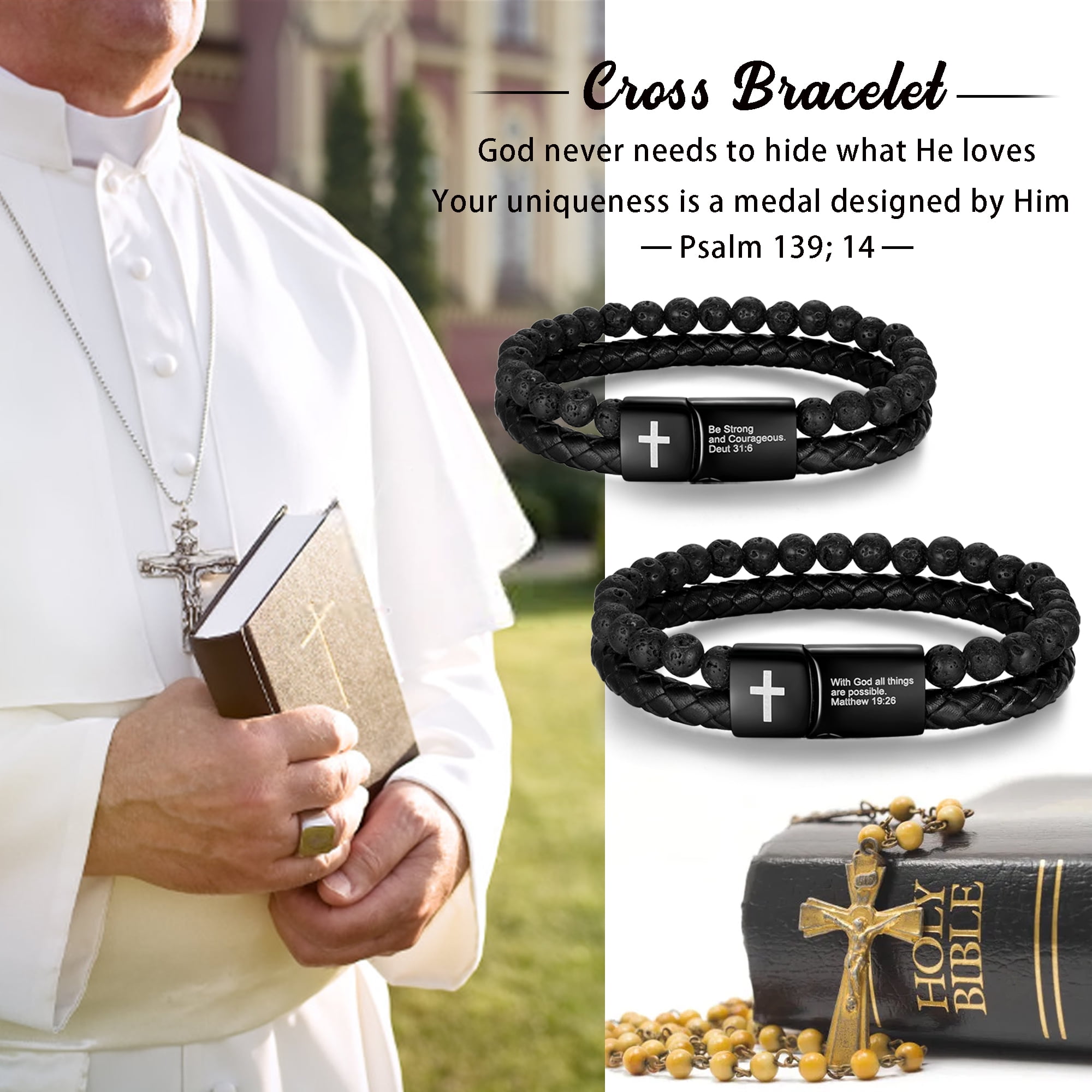 Jewmon Men's Inspirational Bible Verse Bracelet, Lava Rock and Braided Leather Cuff with Magnetic Clasp (Black, 8.5 in) k43q5