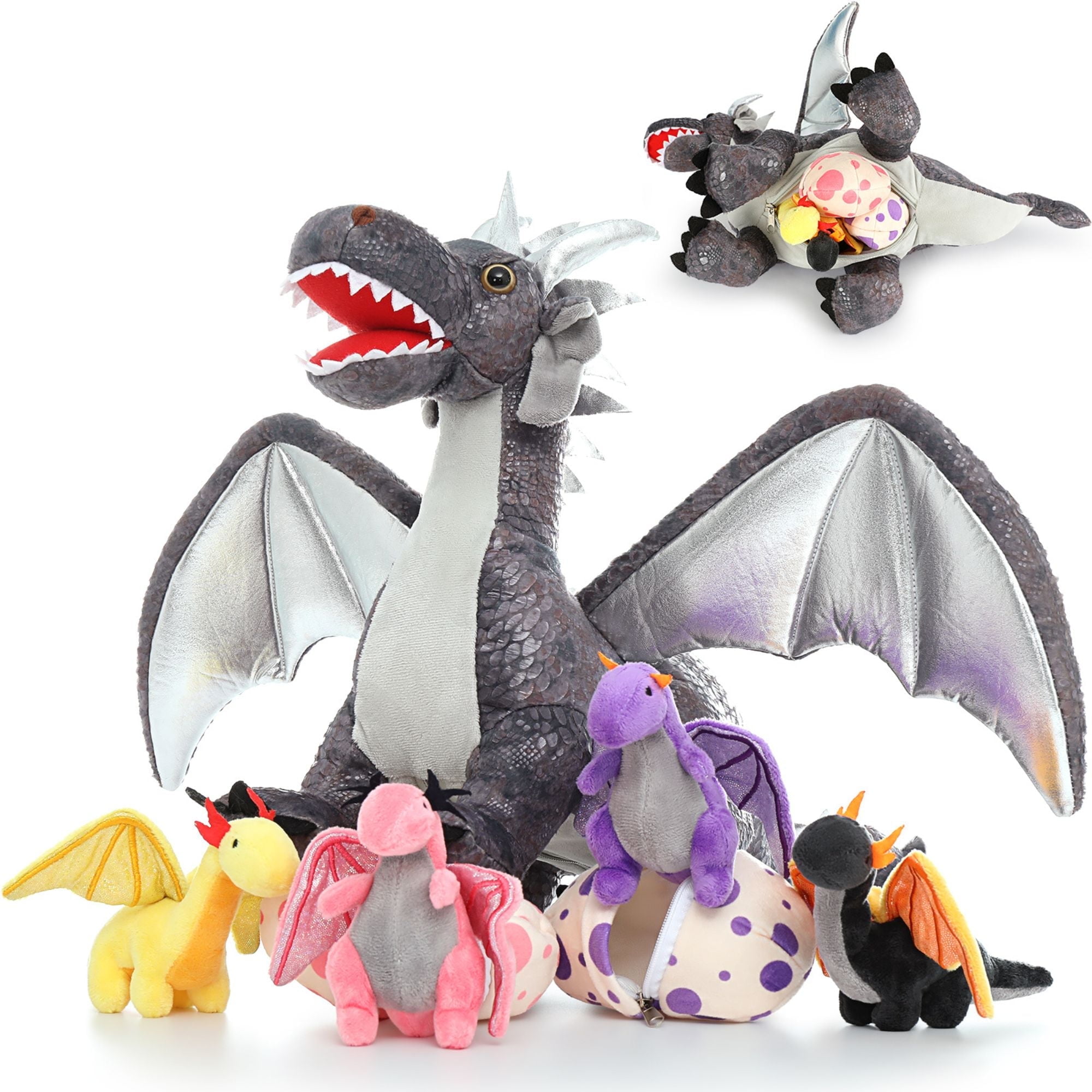 MaoGoLan Dragon Plush Set, Large Stuffed Mommy Dragon with 4 Babies and 2 Eggs (Grey, 21.6 in) fqjxr