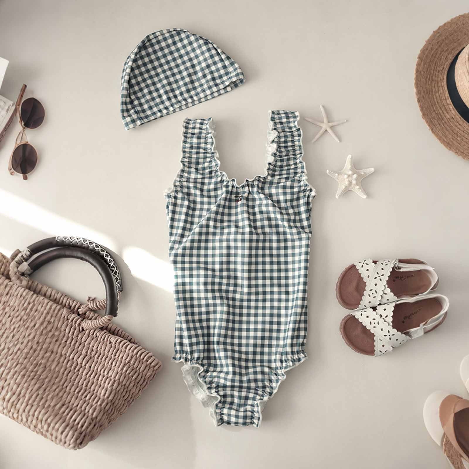 Hihipz Infant Girl One Piece Swimsuit Gingham Print Ruffle Trim Bathing Suit (Blue, 12-18 Months) xh6o5