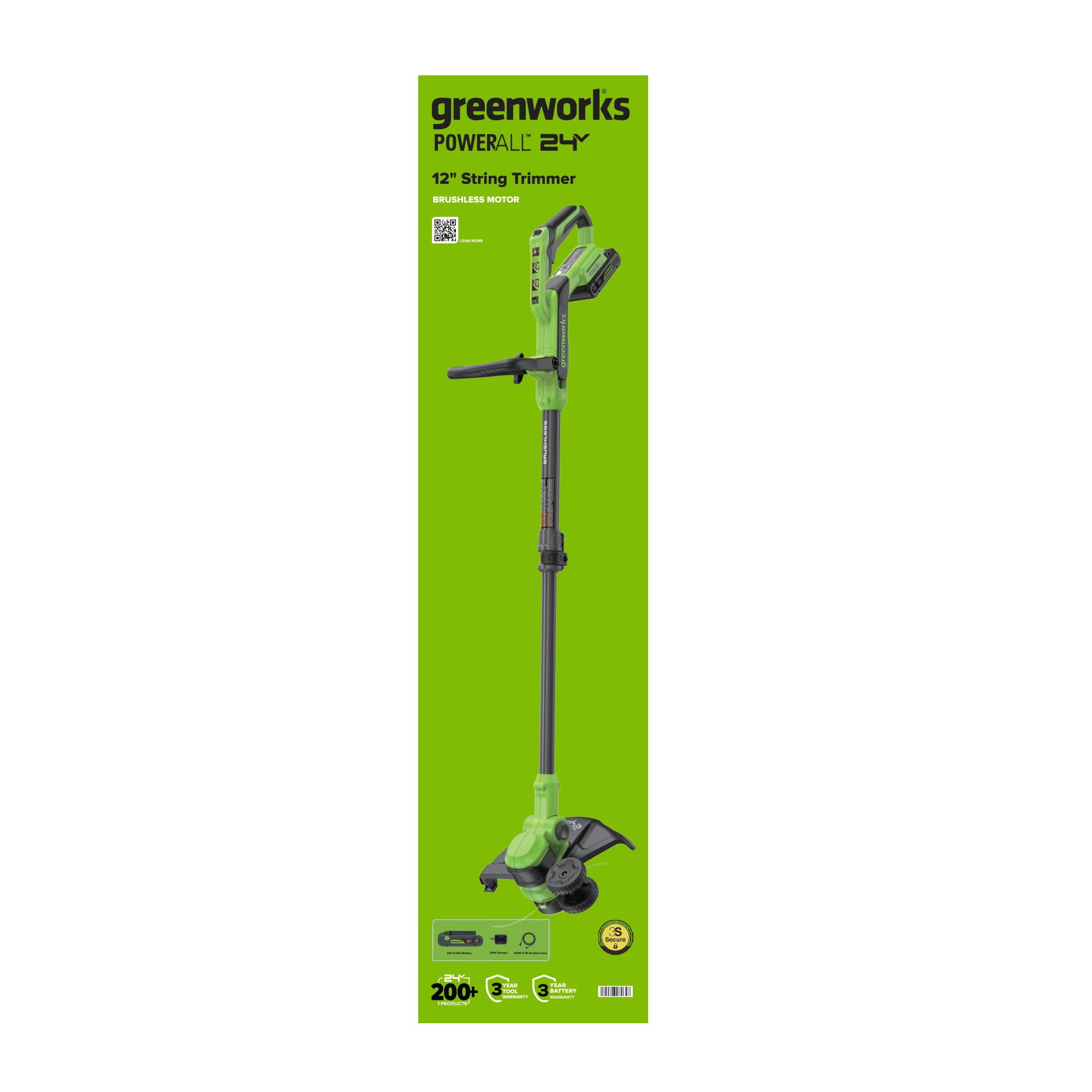 Greenworks 24V 12 in Cordless String Trimmer with 3.0 Ah Battery and Charger (Green, 12 in) 5rty9