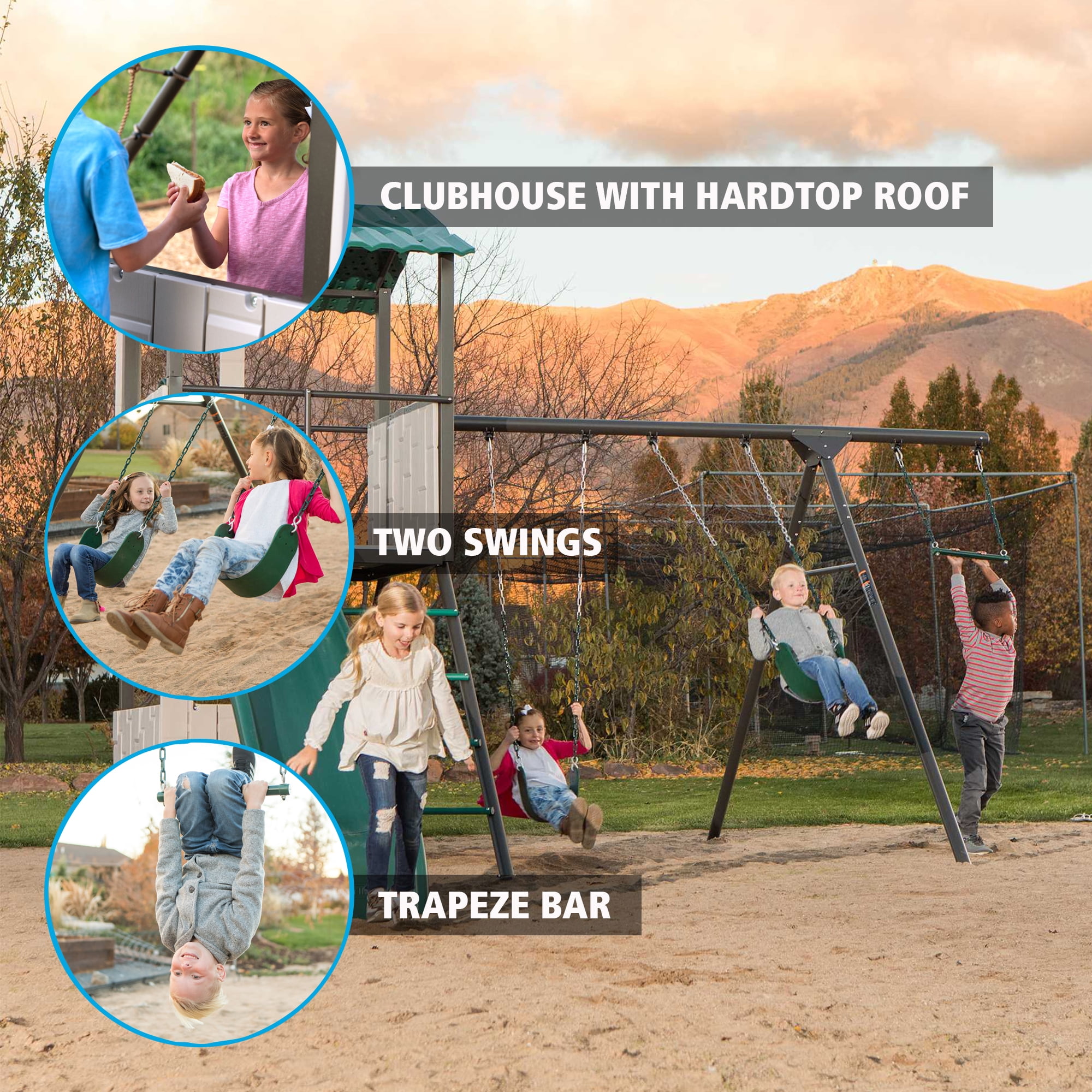 Lifetime Adventure Clubhouse Swing Set with Slide, Belt Swings, and Trapeze Bar (1 Unit) nj4r0