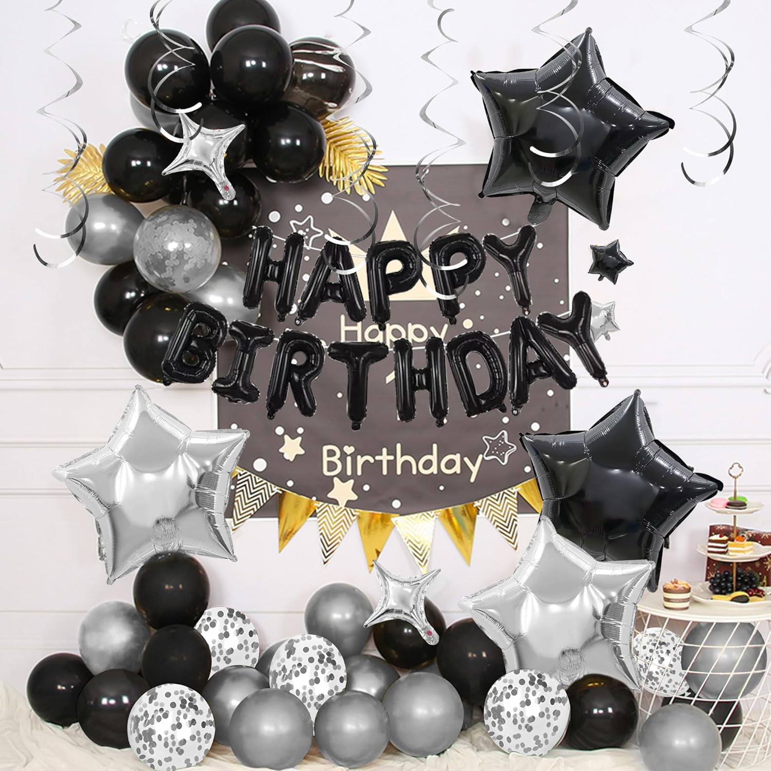 Genreen Birthday Party Decoration Set with Happy Birthday Banner and Balloons (Black and Silver, 56 Piece Set) uflpd