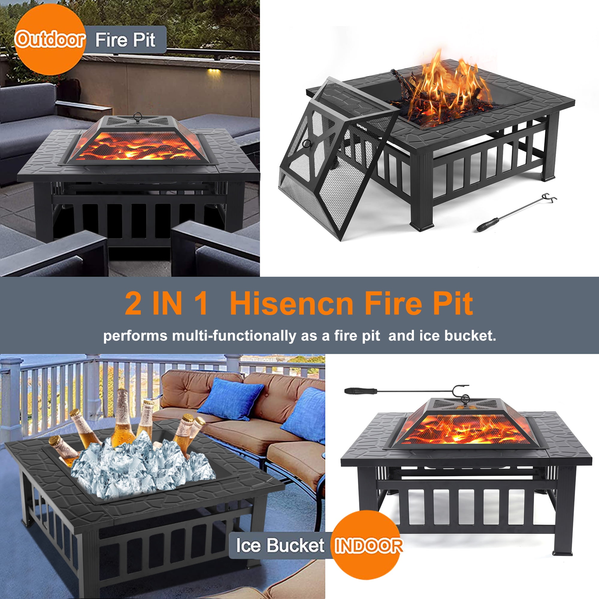 Segmart Outdoor Fire Pit Table, 32 in Square Wood Burning Fire Pit with Spark Screen and Log Poker (Black, 32 in) c7uir