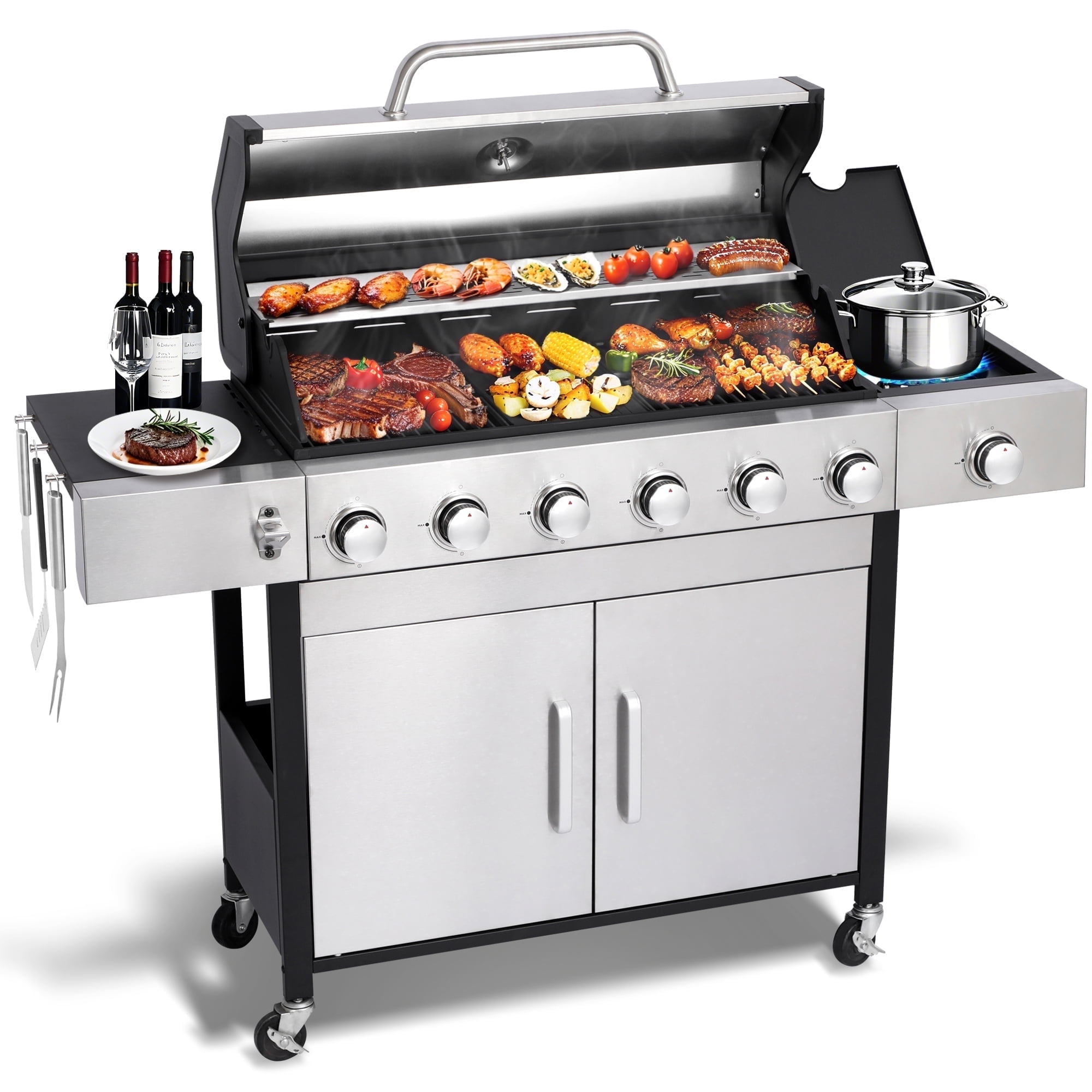 Nice Coker 6-Burner Propane Gas BBQ Grill with Side Burner (Silver, 620 sq. in.) a901x