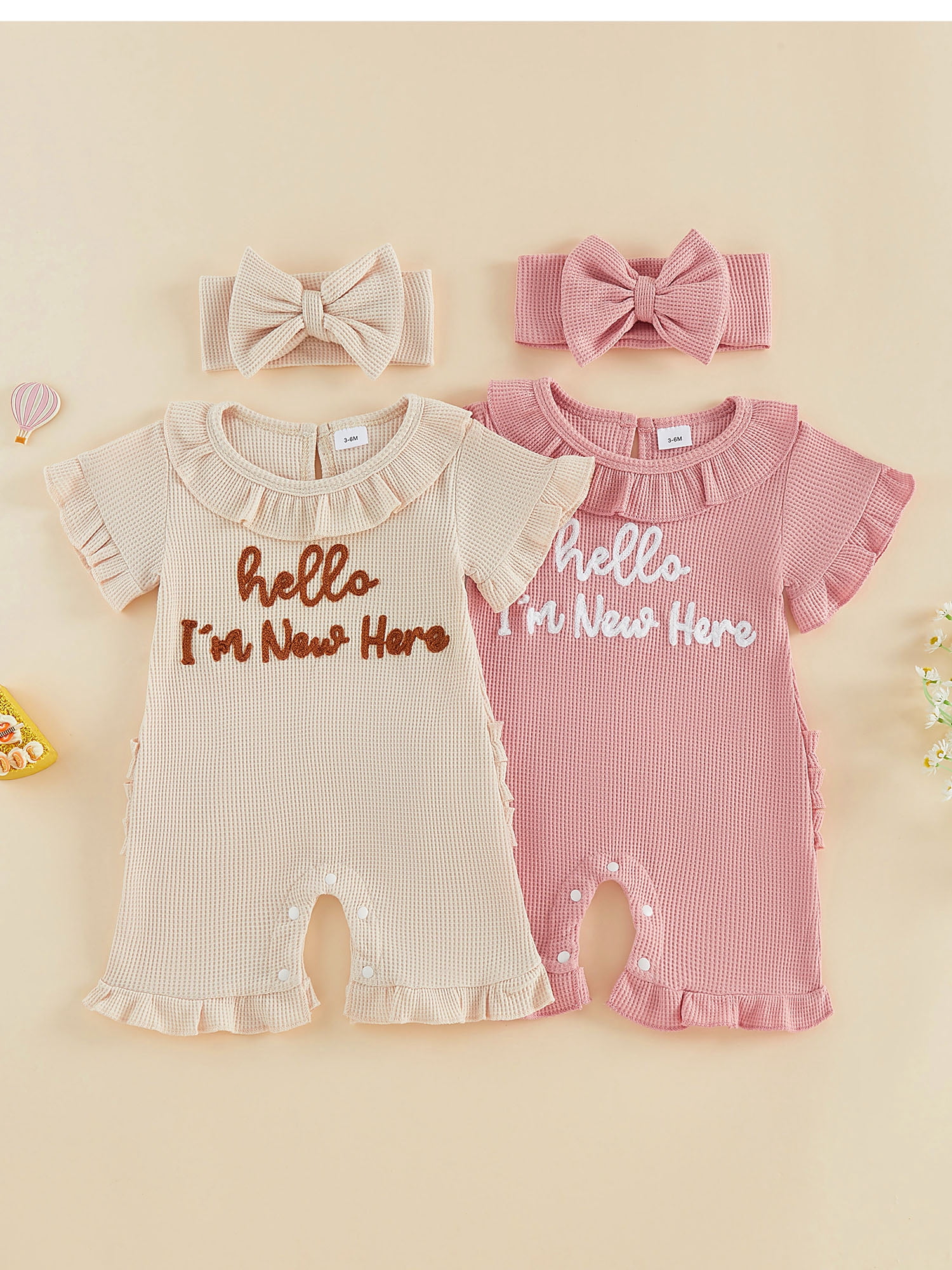 BemeyourBBs Newborn Baby Girl Summer Romper and Headband Set (Pink, Preemie) vm8b2
